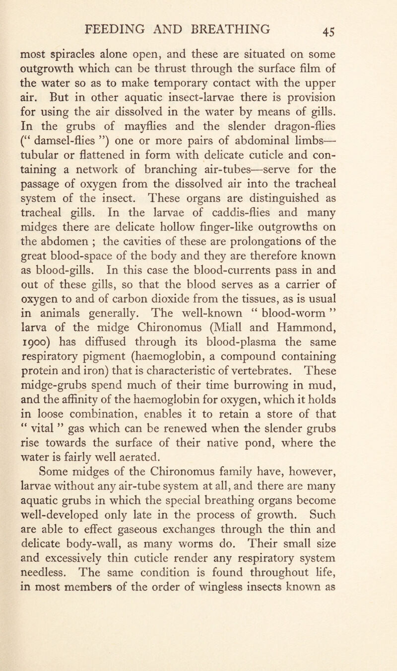 most spiracles alone open, and these are situated on some outgrowth which can be thrust through the surface film of the water so as to make temporary contact with the upper air. But in other aquatic insect-larvae there is provision for using the air dissolved in the water by means of gills. In the grubs of mayflies and the slender dragon-flies (“ damsel-flies ”) one or more pairs of abdominal limbs— tubular or flattened in form with delicate cuticle and con¬ taining a network of branching air-tubes—serve for the passage of oxygen from the dissolved air into the tracheal system of the insect. These organs are distinguished as tracheal gills. In the larvae of caddis-flies and many midges there are delicate hollow finger-like outgrowths on the abdomen ; the cavities of these are prolongations of the great blood-space of the body and they are therefore known as blood-gills. In this case the blood-currents pass in and out of these gills, so that the blood serves as a carrier of oxygen to and of carbon dioxide from the tissues, as is usual in animals generally. The well-known “ blood-worm ” larva of the midge Chironomus (Miall and Hammond, 1900) has diffused through its blood-plasma the same respiratory pigment (haemoglobin, a compound containing protein and iron) that is characteristic of vertebrates. These midge-grubs spend much of their time burrowing in mud, and the affinity of the haemoglobin for oxygen, which it holds in loose combination, enables it to retain a store of that “ vital ” gas which can be renewed when the slender grubs rise towards the surface of their native pond, where the water is fairly well aerated. Some midges of the Chironomus family have, however, larvae without any air-tube system at all, and there are many aquatic grubs in which the special breathing organs become well-developed only late in the process of growth. Such are able to effect gaseous exchanges through the thin and delicate body-wall, as many worms do. Their small size and excessively thin cuticle render any respiratory system needless. The same condition is found throughout life, in most members of the order of wingless insects known as