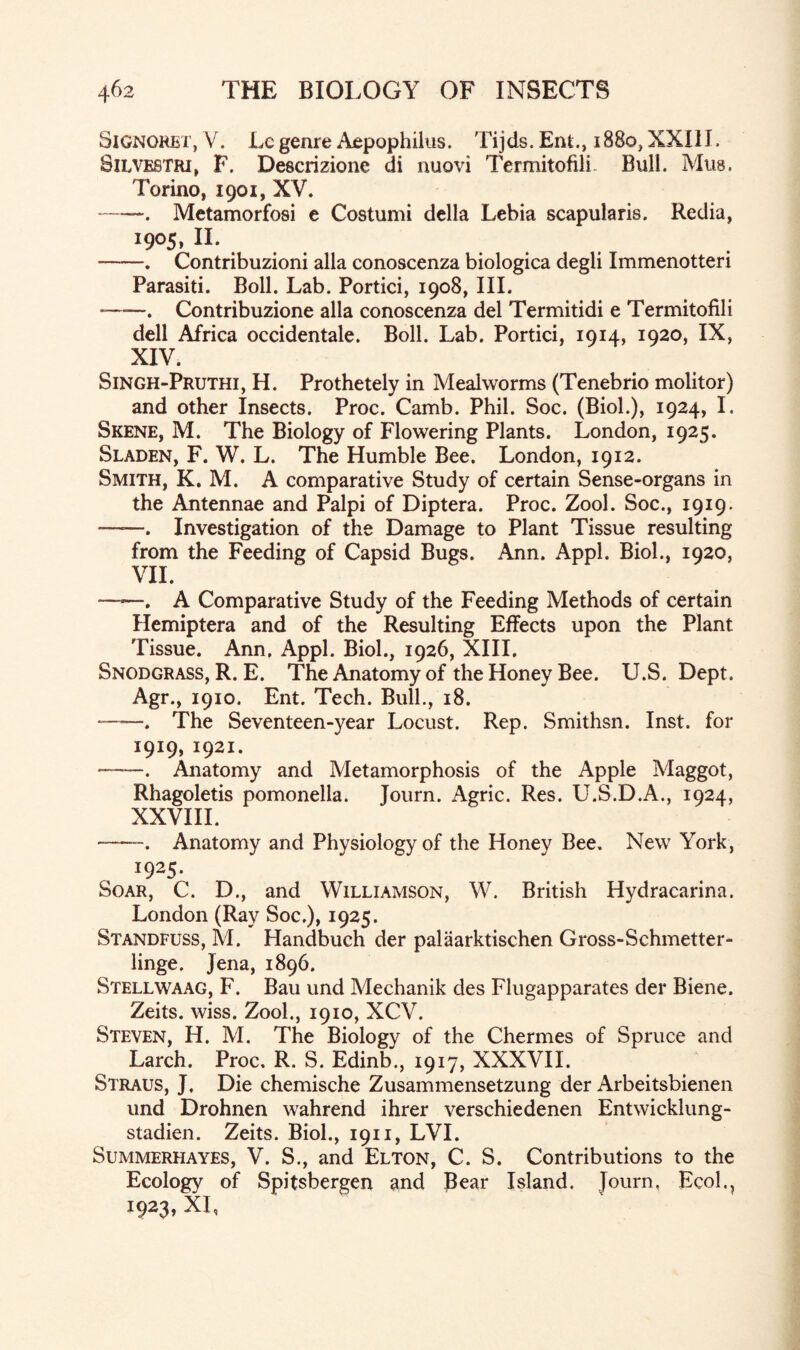 SlGNORET, V. Lc genre Aepophilus. Tijds. Ent., 1880, XXI1L Silvestri, F. Descrizione di nuovi Termitofili. Bull. Mus. Torino, 1901, XV. -. Metamorfosi e Costumi della Lebia scapularis. Redia, i9°5> n. -. Contribuzioni alia conoscenza biologica degli Immenotteri Parasiti. Boll. Lab. Portici, 1908, III. —. Contribuzione alia conoscenza del Termitidi e Termitofili dell Africa occidentale. Boll. Lab. Portici, 1914, 1920, IX, XIV. Singh-Pruthi, H. Prothetely in Mealworms (Tenebrio molitor) and other Insects. Proc. Camb. Phil. Soc. (Biol.), 1924, I. Skene, M. The Biology of Flowering Plants. London, 1925. Sladen, F. W. L. The Humble Bee. London, 1912. Smith, K. M. A comparative Study of certain Sense-organs in the Antennae and Palpi of Diptera. Proc. Zool. Soc., 1919- ——. Investigation of the Damage to Plant Tissue resulting from the Feeding of Capsid Bugs. Ann. Appl. Biol., 1920, VII. —■—. A Comparative Study of the Feeding Methods of certain Hemiptera and of the Resulting Effects upon the Plant Tissue. Ann, Appl. Biol., 1926, XIII. Snodgrass, R. E. The Anatomy of the Honey Bee. U.S. Dept. Agr., 1910. Ent. Tech. Bull., 18. —. The Seventeen-year Locust. Rep. Smithsn. Inst, for 1919, 1921. ——. Anatomy and Metamorphosis of the Apple Maggot, Rhagoletis pomonella. Journ. Agric. Res. U.S.D.A., 1924, XXVIII. -. Anatomy and Physiology of the Honey Bee. New York, 1925- Soar, C. D., and Williamson, W. British Hydracarina. London (Ray Soc,), 1925. Standfuss, M. Handbuch der palaarktischen Gross-Schmetter- linge. Jena, 1896. Stellwaag, F. Bau und Mechanik des Flugapparates der Biene. Zeits. wiss. Zool., 1910, XCV. Steven, H. M. The Biology of the Chermes of Spruce and Larch. Proc. R. S. Edinb., 1917, XXXVII. Straus, J, Die chemische Zusammensetzung der Arbeitsbienen und Drohnen wahrend ihrer verschiedenen Entwicklung- stadien. Zeits. Biol., 1911, LVI. Summerhayes, V. S., and Elton, C. S. Contributions to the Ecology of Spitsbergen and Rear Island. Journ. Ecol., 1923, XI,