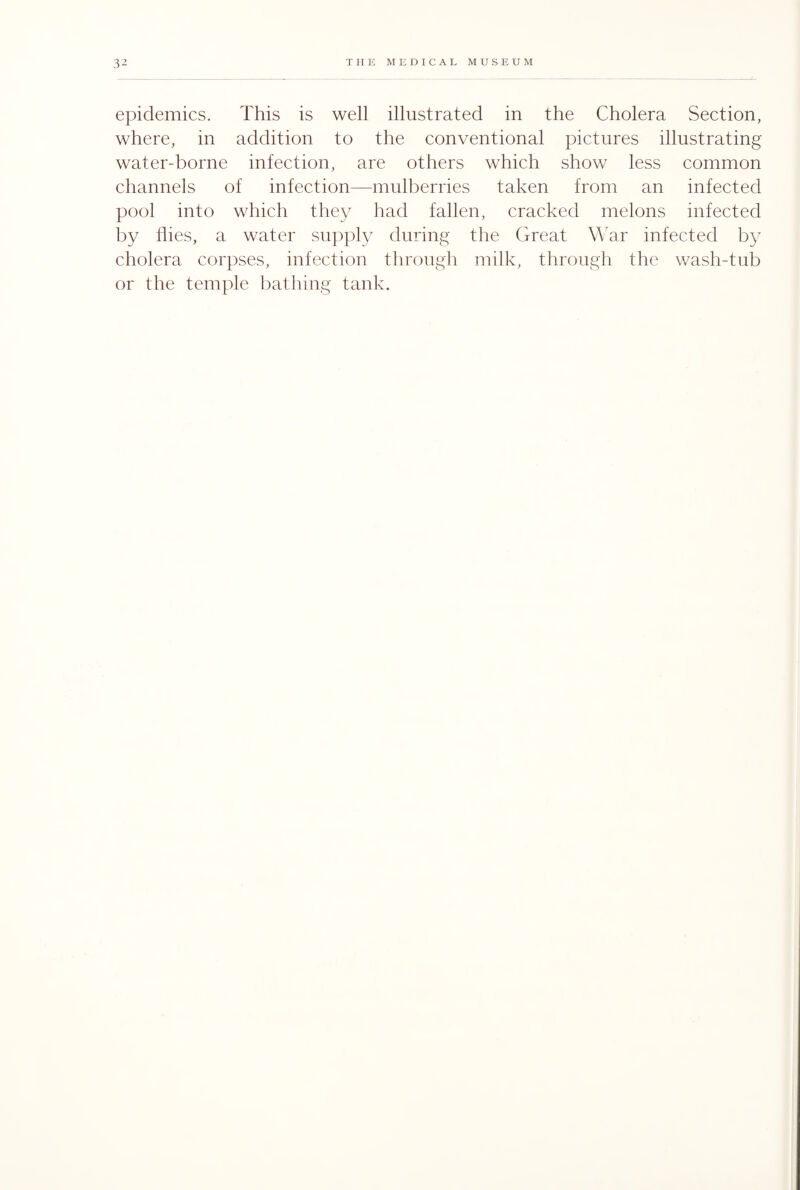 epidemics. This is well illustrated in the Cholera Section, where, in addition to the conventional pictures illustrating water-borne infection, are others which show less common channels of infection—mulberries taken from an infected pool into which they had fallen, cracked melons infected by flies, a water supply during the Great War infected by cholera corpses, infection through milk, through the wash-tub or the temple bathing tank.