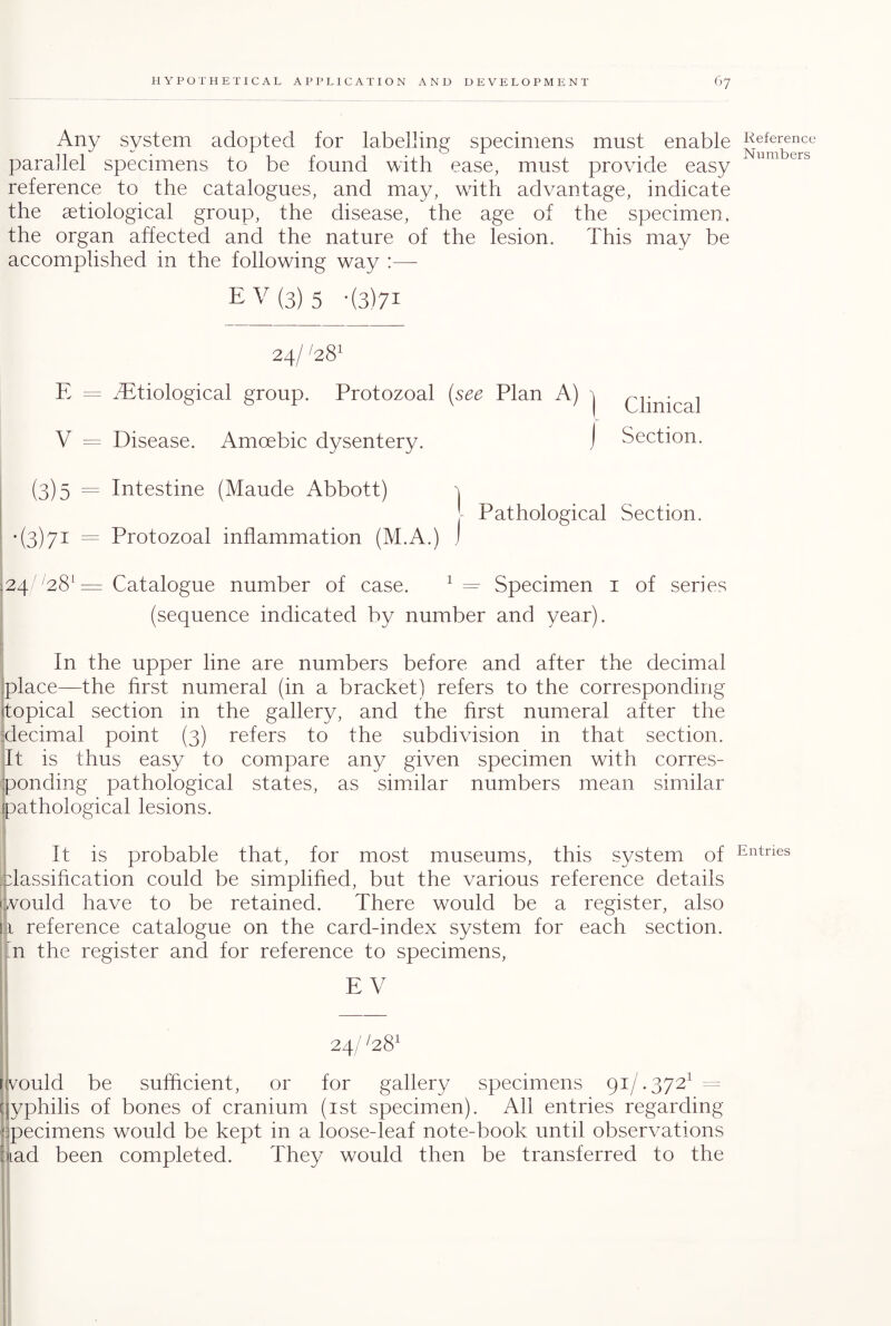 Any system adopted for labelling specimens must enable parallel specimens to be found with ease, must provide easy reference to the catalogues, and may, with advantage, indicate the aetiological group, the disease, the age of the specimen, the organ affected and the nature of the lesion. This may be accomplished in the following way :— E V (3) 5 -(3)71 V = (3)5 = •(3)7i = 24/ A81 TEtiological group. Protozoal Disease. Amoebic dysentery. Intestine (Maude Abbott) Protozoal inflammation (M.A.) (see Plan A) j Clinical j Section. ) Pathological Section. :24 '28l = Catalogue number of case. 1 =- Specimen 1 of series (sequence indicated by number and year). In the upper line are numbers before and after the decimal place—the first numeral (in a bracket) refers to the corresponding topical section in the gallery, and the first numeral after the decimal point (3) refers to the subdivision in that section. It is thus easy to compare any given specimen with corres¬ ponding pathological states, as similar numbers mean similar pathological lesions. It is probable that, for most museums, this system of classification could be simplified, but the various reference details [would have to be retained. There would be a register, also 11 reference catalogue on the card-index system for each section, [n the register and for reference to specimens, E V 24/ W would be sufficient, or for gallery specimens 91/.3721 = c yphilis of bones of cranium (1st specimen). All entries regarding ; pecimens would be kept in a loose-leaf note-book until observations \ Lad been completed. They would then be transferred to the Reference Numbers Entries