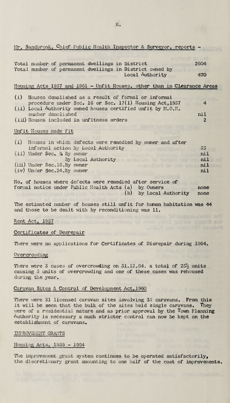 r.Ir. Sandbrook, Chief Public Health Inspector & Surveyor, reports - Total number of permanent dwellings in District 2604 Total number of permanent dwellings in District owned by Local Authority 470 Housing Acts 1957 and 1961 - Unfit Houses, other than in Clearance Areas (i) Houses demolished as a result of formal or informal procedure under Sec. 16 or Sec. 17(1) Housing Act,1957 4 (ii) Local Authority owned houses certified unfit by M.O.H. number demolished nil (i.ii) Houses included in unfitness orders 2 Unfit Houses made fit (i) Houses in which defects were remedied by owner and after informal action by Local Authority 55 (ii) Under Sec. a By owner nil By Local Authority nil (iii) Under Sec. 16.By owner nil (iv) Under Sec.24.By owner nil Mo. of houses where defects were remedied after service of formal notice under Public Health Acts (a) by Owners none (b) by Local Authority none The estimated number of houses still unfit for human habitation was 44 and those to be dealt with by reconditioning was 11. Rent Act. 1957 Certificates of Desrepair There were no applications for Certificates of Disrepair during 1964. Overcrowding There were 3 cases of overcrowding on 31.12.64. a total of 25^ units causing 5 units of overcrowding and one of these cases was rehoused during the year. Caravan Sites & Control of Development Act,1960 There were 31 licensed caravan sites involving 35 caravans. From this it will be seen that the bulk of the sites held single caravans. They were of a residential nature and as prior approval by the Town Planning Authority is necessary a much stricter control can now be kept on the establishment of caravans. 3J.IFR0Va.iSMT GRANTS Housing Acts. 1959 - 1964 The improvement grant system continues to be operated satisfactorily, the discretionary grant amounting to one half of the cost of improvements.