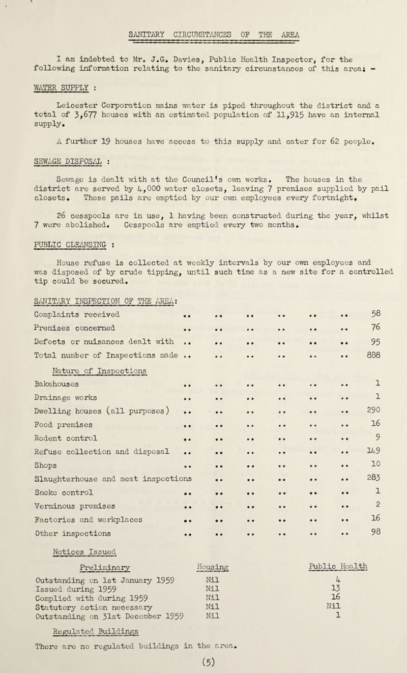 SANITARY CIRCUMSTANCES OF THE AREA I am indebted to Mr. J.G. Davies, Public Health Inspector, for the following information relating to the sanitary circumstances of this area; - WATER SUPPLY : Leicester Corporation mains water is piped throughout the district and a total of 3,677 houses with an estimated population of 11,915 have an internal supply. A further 19 houses have access to this supply and cater for 62 people, SEWAGE DISPOSAL : Sewage is dealt with at the Council’s own works. The houses in the district are served by 4,000 water closets, leaving 7 premises supplied by pail closets. These pails are emptied by our own employees every fortnight, 26 cesspools are in use, 1 having been constructed during the year, whilst 7 were abolished. Cesspools are emptied every two months. PUBLIC CLEANSING : House refuse is collected at weekly intervals by our own employees and was disposed of by crude tipping, until such time as a new site for a controlled tip could be secured. SANITARY INSPECTION OF THE AREA: Complaints received •• Premises concerned •• Defects or nuisances dealt with .. Total number of Inspections made .♦ Nature of Inspections Bakehouses •• Drainage works •. Dwelling houses (all purposes) •• Food premises •. Rodent control • • Refuse collection and disposal •. Shops .. Slaughterhouse and meat inspections Smoke control •• Verminous premises •• Factories and workplaces •• Other inspections ♦• 58 76 95 888 1 1 290 16 9 149 10 283 1 2 16 98 Notices Issued Outstanding on 1st January 1959 Issued during 1959 Complied with during 1959 Statutory action necessary Outstanding on 31st December 1959 Housing Public : Nil 4 Nil 13 Nil 16 Nil Nil Nil 1 Regulated Buildings There are no regulated buildings in the area.