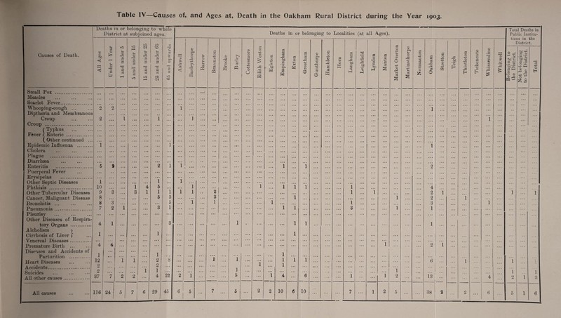 Table IV—Causes of, and Ages at, Death in Causes of Death. Small Pox . Measles Scarlet Fever. Whooping-cough ... Diptheria and Membranous Croup Croup . (Typhus Fever ) Enteric . ( Other continued .. Epidemic Influenza . Cholera Plague . Diarrhaea Enteritis . Puerperal Fever Erysipelas . Other Septic Diseases Phthisis . Other Tubercular Diseases Cancer, Malignant Disease Bronchitis ... Pneumonia. Pleurisy ... ... Other Diseases of Respira tory Organs .. Alcholism > Cirrhosis of Liver > Venereal Diseases. Premature Birth ... Diseases and Accidents of Parturition . Heart Diseases Accidents. Suicides All other causes. Deaths in or belonging to whole District at subjoined ages. seSy iiy Under 1 Year j 1 and under 5 j 5 and under 15 15 and under 25 25 and under 65 X ? CS £ § *0 CD 'd £ Ho < Barleythorpe Barrow Braunston •« • a a a a a a a a a a a a a . a , a a a a a —1 a a a ... ... ... ... ... ... a a a ... ... a a a ... • . • a a a a a a a a a a a a a a a a a a a a a a a a a a a 2 2 ... . a a ... a a a 1 ... a a a a a a a a a a a a a a a a a a a a a a a a a a a 2 • • • 1 a a a a a a 1 ... 1 a a a ... • • • a • a a a a a a a ... ... a a a ... ... • • • a a a a a a ... ... ... a a a • • • a a a ... ... • a a ... ... ... • ■ • • • • a a • . a a a a a a a a a a a a a a a a a 1 • • • a a a a a a 1 ... a a a a a a ... • • • • • • a a a a a a ... a a a a a a ... ... • •' 0 a a a a a a a a a a a a a a a a a a a a a • • • • • • a a a a a a a a a a a a a a a • • • a a a a a 5 a a a a a a a a a a 2 1 1 a a a ... ... - • a a a a a a a a a a ... ... a « a ... ... • • • • a a a • a . a a a a a a a a a a a ... a a a 1 a a a a a a a a a a a a i a a a 1 a a a . a a a a a 10 a a a 1 4 5 a a a a a a 1 a a a a a a 9 3 a a a 3 1 1 1 1 1 • • 2 8 a a a a a a 5 3 a a a a a a a a a 3 8 3 a a a a a a a a a 5 a a a 1 . a a 1 7 2 1 a a a • a * 3 1 a a a ... ... ... • • • a a a a a a ... a . a a a a ... I a a a a a a a a a 4 1 a a a a a a a a a 3 a a a a a a ... a a a 1 ... a a a a a a a a a 1 a a a ... a a a a a • • • • a • • a a a a a a a a a a a a ... a a a a a a ... a a a 4 , 4 a a a a a a a a a a a a a a a a a a a a a ■ a a a a a 1 • a a • a • a a a a a a a a a a a a a a a 1 a a • a a a a a a 12 i 1 a a a 2 8 a a a a a a a a a 1 1 2 a a a a a a a a a 2 a a a a a a a a a a a a ... 2 a a a a a a 1 1 a a a a a a a a a a a a 37 7 2 2 a a a 4 22 2 1 a a a a a a 116 24 5 7 6 29 45 5 7 0) rX o o cq ■V u rH w ... I 1 5 © © 5 m © O V 2 Edith Weston the Oakham Rural District during the Year 1903 Deaths in or belonging to Localities (at all Ages), Total Deaths in Public Institu- r* © He 1 Empingham I Exton ra^q^90a-0 -< Gunthorpe Hainbleton 1 Horn 1 & ci rC be a <3 Leighfield I Lyndon 1 Man ton Market Overton Martinsthorpe Normanton Oakham Stretton Hr. a rH © H Thistleton Tickencote Whissendine j Whitwell tioi 1 2 br‘C - -*-< . ~ ac - £ £ 0 © r- cq ~ is in Distric bX-g ' be -S — X - M the t. ■*- O Eh a a a . a a a a a a a a a a a a a a a a a a a a a a a ... ... a a a a a a a a a a a a a a a ... ... 1 ... a a a a a a a a a a a a a a a ... i a a a ... ... ... ... a a a ... ... a a a ... ... ... ... ... ... i ... a a a ... ... ... a a a ... ... ... a a a ... ... ... a a a a a a 1 i a a a a a a 2 ... a a a a a a ... a a a ... a a a a a a ‘l i i 1 . a a a a a a a a 4 ... a a a 1 i a a a 2 1 1 1 a a a 1 a a a a a a i 2 1 1 l 3 1 a a a a a a i 1 3 ... 1 ... 1 ... a a a 1 1 a a a a a a a a a 1 a a a 1 a a • a a a a a a a a a a a a a a a a a a a a a a a a a a a a a a a a a ... ... 1 ... 2 i ... a . a a a a a a 1 1 a a a 1 * a a 1 ... ... ... 6 1 i ... a a * 1 a a a a a a a a a a a a a a a ... a a a . a a a a a a a a 1 1 1 l 4 ... 6 ... 1 ... 1 2 ... 13 4 2 1 O O 2 10 6 10 7 1 2 5 38 2 2 6 ...