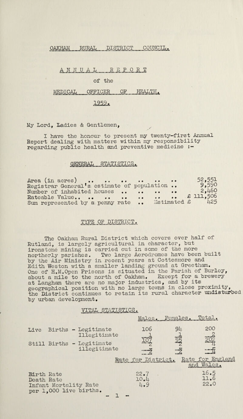 OAKHAM RURAL DISTRICT COUNCIL. ANNUAL REPORT of the MEDICAL OFFICER OF HEALTH. My Lord, Ladies & G-entlemen, I have the honour to present my twenty-first Annual Report dealing with matters within my responsibility regarding public health and preventive medicine Area (in acres) .. •• •• .• •• Registrar General*s. estimate of population •• Number of inhabited houses •• •• •• •• Rateable Value.. .. .. .. £ Suim represented by a penny rate .. listimated £ 52,551 9,590 2,460 111,506 425 TYPE OF DISTRICT. The Oakham Rural District which covers over half of Rutland, is largely agricultural in character, but ironstone mining is carried out in some of the more northerly parishes. Two large Aerodromes have been built by the Air Ministry in recent years at Cottesmore and Edith Weston with a smaller landing ground at Greetham. One of H.M.Open Prisons is situated in the Parish of Burley, about a mile to the north of Oakham. Except for a brewery at Langham there are no major industries, and by its geographical position v/ith no large towns in close proximity, the District continues to retain its rural character undisturbed by urban development. Live Births Still Births VITAL STATISTICS Males_._ Females. Total. Legitimate 106 94 200 Illegitimate 1 1 Legitimate 10^ 20Z illegitimate zi Rate for District Rate for arid Wales. Birth Rate 22./ Death Rate 10,4 Infant Mortality Rate 4.9 per 1,000 live births. 16.5 11.6 22,0 1