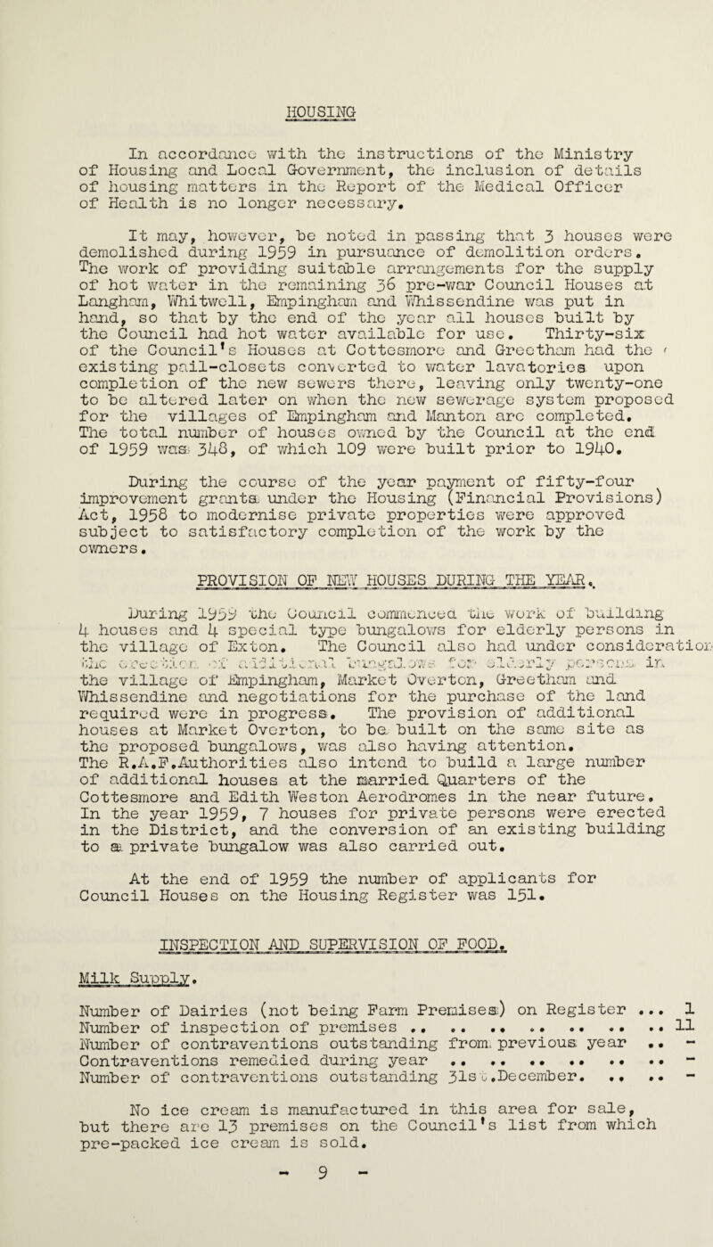 HOUSING In accordanco with the instructions of the Ministry of Housing and Local Government, the inclusion of details of housing matters in the Report of the Medical Officer of Health is no longer necessary. It may, however, he noted in passing that 3 houses were demolished during 1959 in pursuance of demolition orders. The work of providing suitable arrangements for the supply of hot water in the remaining 36 pre-v/ar Council Houses at Langham, V/hitwell, Empinghoia and v’/hissendine was put in hand, so that by the end of the year all houses built by the Council had hot water available for use. Thirty-six of the Council’s Houses at Cottesmore and Greetham had the ^ existing pail-closets con-verted to water lavatories upon completion of the new sewers there, leaving only twenty-one to bo altered later on when the now sewerage system proposed for the villages of Empingham and Manton are completed. The total number of houses ouTied by the Council at the end of 1959 was.' 34s, of Y/hich 109 wore built prior to 1940. During the course of the year payment of fifty-four improvement granta under the Housing (Fin^incial Provisions) Act, 1958 to modernise private properties were approved subject to satisfactory completion of the work by the owners. PROVISION OF NEW HOUSES DURING THE YEAR.. During 1959 'ohe Council comi'ncncea the work of building 4 houses and 4 special type bungalov/s for elderly persons in the village of Exton. The Co-uncil also had under considoratior I'.hc orecticr. of' adii'LAb-iiagalo-W;- for* elderly persons, in the village of Empingham, Market Overton, Greetham and Whissendine and negotiations for the purchase of the land required were in progress. The provision of additional houses at Market Overton, to ba built on the same site as the proposed bungalows, was also having attention. The R.A,P,Authorities also intend to build a large number of additional houses at the married (Quarters of the Cottesmore and Edith Weston Aerodromes in the near future. In the year 1959, 7 houses for private persons were erected in the District, and the conversion of an existing building to a. private bimgalow was also carried out. At the end of 1959 the number of applicants for Council Houses on the Housing Register vms 151« INSPECTION AND SUPERVISION OP FOOD. Milk Supply. Number of Dairies (not being Farm Premises;) on Register ... 1 Number of inspection of premises..11 Number of contraventions outstanding from, previous year .. - Contraventions remedied during year.. .. •• •• - Number of contraventions outstanding 31s-o .December. .. No ice cream is manufactured in this area for sale, but there are 13 premises on the Council’s list from which pre-packed ice cream is sold. 9