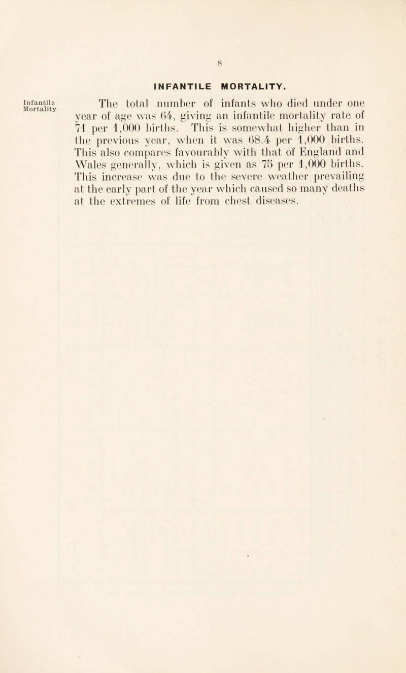 Infantile Mortality INFANTILE MORTALITY. The total number of infants who died under one year of age was 64, giving an infantile mortality rate of 71 per 1,000 births. This is somewhat higher than in the previous year, when it was 68.4 per 1,000 births. This also compares favourably with that of England and Wales generally, which is given as 75 per 1,000 births. This increase was due to the severe weather prevailing at the early part of the year which caused so many deaths