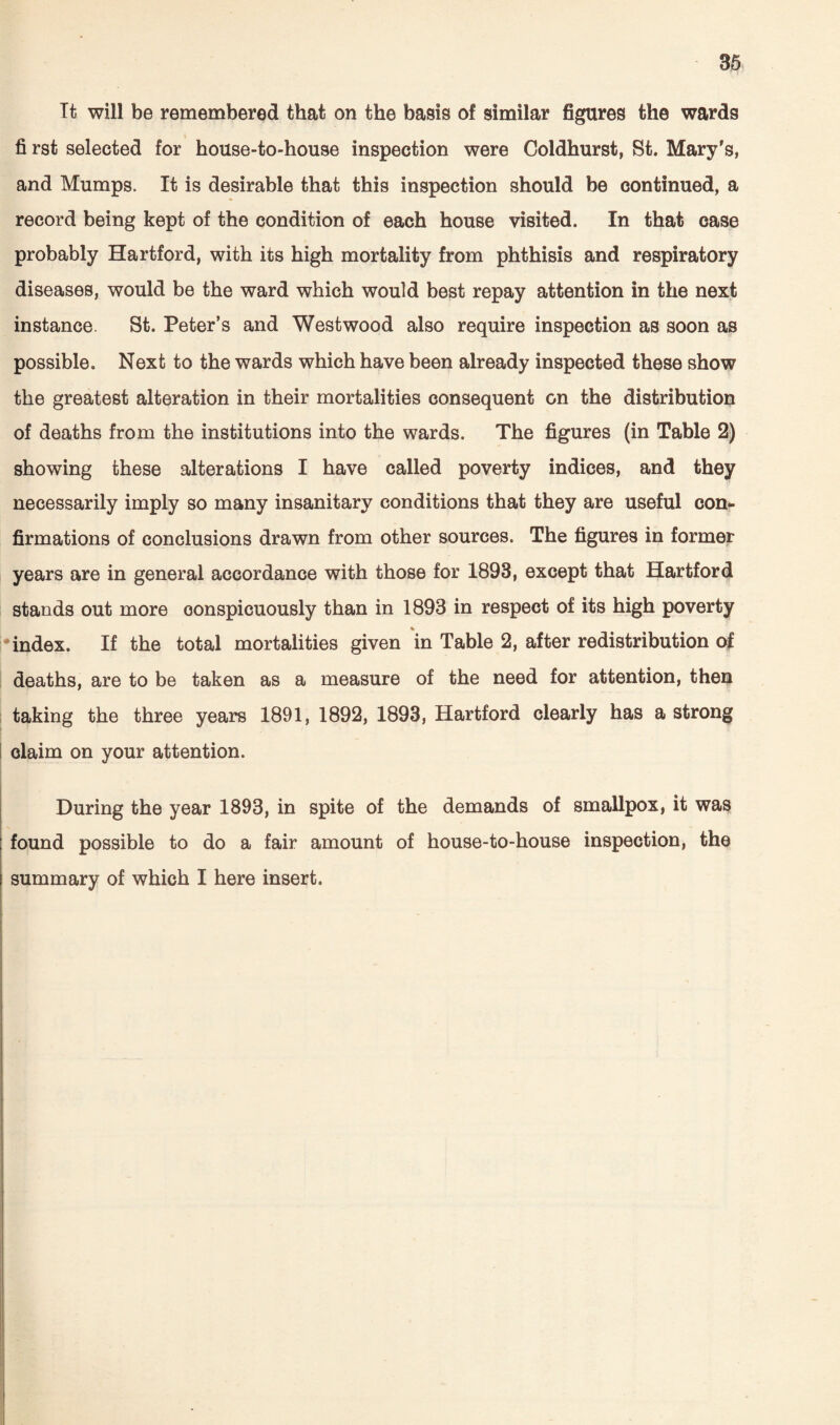 Tt will be remembered that on the basis of similar figures the wards fi rst selected for house-to-house inspection were Coldhurst, St. Mary's, and Mumps. It is desirable that this inspection should be continued, a record being kept of the condition of each house visited. In that case probably Hartford, with its high mortality from phthisis and respiratory diseases, would be the ward which would best repay attention in the next instance. St. Peter’s and Westwood also require inspection as soon as possible. Next to the wards which have been already inspected these show the greatest alteration in their mortalities consequent on the distribution of deaths from the institutions into the wards. The figures (in Table 2) showing these alterations I have called poverty indices, and they necessarily imply so many insanitary conditions that they are useful con¬ firmations of conclusions drawn from other sources. The figures in former years are in general accordance with those for 1893, except that Hartford stands out more conspicuously than in 1893 in respect of its high poverty * index. If the total mortalities given in Table 2, after redistribution of deaths, are to be taken as a measure of the need for attention, then taking the three years 1891, 1892, 1893, Hartford clearly has a strong claim on your attention. During the year 1893, in spite of the demands of smallpox, it was found possible to do a fair amount of house-to-house inspection, the summary of which I here insert.