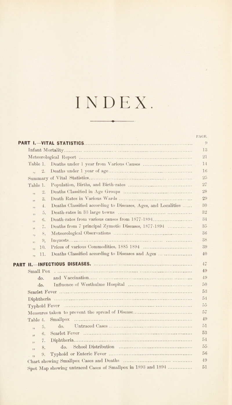 INDEX. -♦- PART I.—VITAL STATISTICS Infant Mortality. Meteorological Report . Table 1. Deaths under 1 year from V arious Causes . „ 2. Deaths under 1 year of age. Summary of Vital Statistics. Table 1. Population, Births, and Birth-rates . „ 2. Deaths Classified in Age Groups . 3. Death Rates in Various Wards . ,, 4. Deaths Classified according to Diseases, Ages, and Localities ,, 5. Death-rates in 33 large towns . ,, 6. Death-rates from various causes from 1877-1894. 7. Deaths from 7 principal Zymotic Diseases, 1877-1894 . 8. Meteorological Observations . ,, 9, Inquests. ,, 10. Prices of various Commodities, 1885 1894 . ,, 11. Deaths Classified according to Diseases and Ages ... . PART II.—INFECTIOUS DISEASES. . Small Pox . do. and Vaccination.. do. Influence of Westhulme Hospital _ Scarlet Fever . Diphtheria . Typhoid Fever . Measures taken to prevent the spread of Disease. Table 4. Smallpox . 5. do. Untraced Cases. ,, 6. Scarlet Fever . 7. Diphtheria. 8. do. School Distribution . „ 9- Typhoid or Enteric Fever . Chart showing Smallpox Cases and Deaths . Spot Map showing untraced Cases of Smallpox in 1893 and 1894 PAGE. 9 13 21 14 16 25 27 28 29 30 32 34 35 36 38 39 40 47 49 49 50 53 54 55 57 49 51 53 54 55 56 49 51