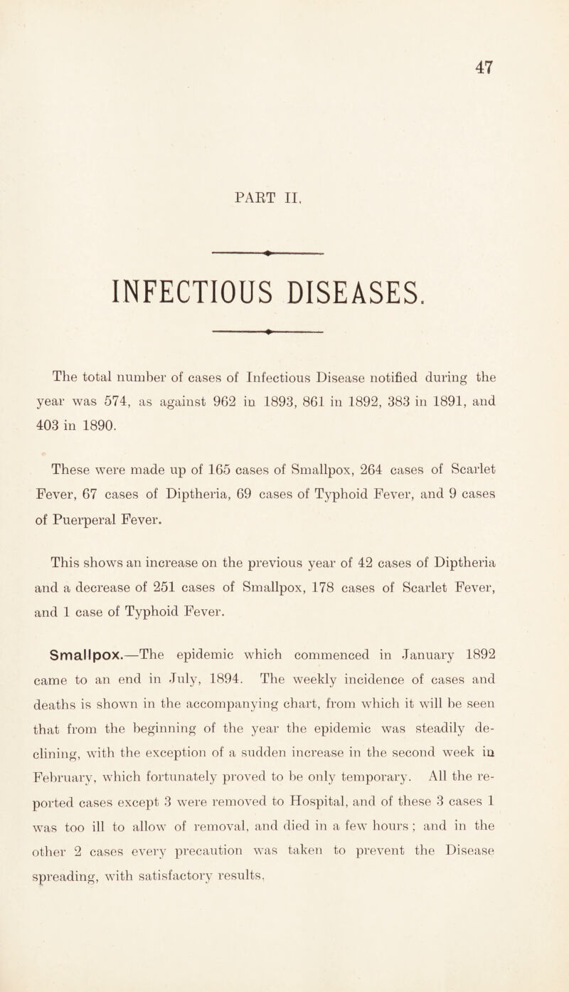 PAET II. - » INFECTIOUS DISEASES. - The total number of cases of Infectious Disease notified during the year was 574, as against 962 in 1893, 861 in 1892, 383 in 1891, and 403 in 1890. These were made up of 165 cases of Smallpox, 264 cases of Scarlet Fever, 67 cases of Diptheria, 69 cases of Typhoid Fever, and 9 cases of Puerperal Fever. This shows an increase on the previous year of 42 cases of Diptheria and a decrease of 251 cases of Smallpox, 178 cases of Scarlet Fever, and 1 case of Typhoid Fever. Smallpox.—The epidemic which commenced in January 1892 came to an end in July, 1894. The weekly incidence of cases and deaths is shown in the accompanying chart, from which it will he seen that from the beginning of the year the epidemic was steadily de¬ clining, with the exception of a sudden increase in the second week in February, which fortunately proved to be only temporary. All the re¬ ported cases except 3 were removed to Hospital, and of these 3 cases 1 was too ill to allow of removal, and died in a few hours; and in the other 2 cases every precaution was taken to prevent the Disease spreading, with satisfactory results,