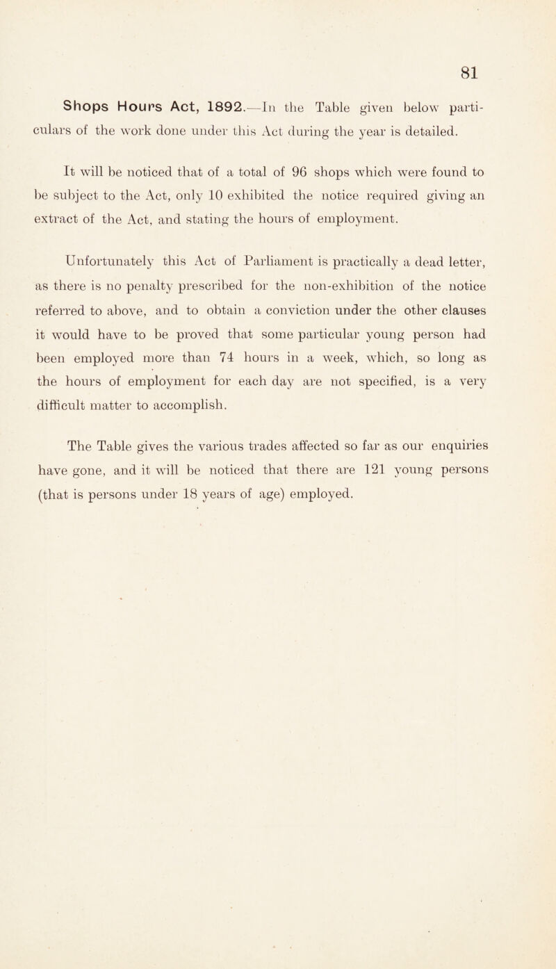 Shops Hours Act, 1892.—In the Table given below parti¬ culars of the work done under this /Vet during the year is detailed. It will be noticed that of a total of 96 shops which were found to be subject to the Act, only 10 exhibited the notice required giving an extract of the Act, and stating the hours of employment. Unfortunately this Act of Parliament is practically a dead letter, as there is no penalty prescribed for the non-exhibition of the notice referred to above, and to obtain a conviction under the other clauses it would have to be proved that some particular young person had been employed more than 74 hours in a week, which, so long as the hours of employment for each day are not specified, is a very difficult matter to accomplish. The Table gives the various trades affected so far as our enquiries have gone, and it will be noticed that there are 121 young persons (that is persons under 18 years of age) employed.