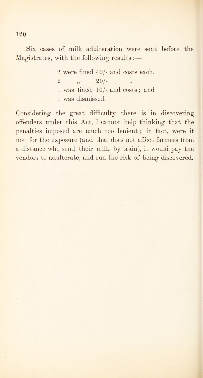 Six cases of milk adulteration were sent before the Magistrates, with the following results :— 2 were fined 40/- and costs each. 2 „ 20/- 1 was fined 10/- and costs ; and 1 was dismissed. Considering the great difficulty there is in discovering offenders under this Act, I cannot help thinking that the penalties imposed are much too lenient; in fact, were it not for the exposure (and that does not affect farmers from a distance who send their milk by train), it would pay the vendors to adulterate, and run the risk of being discovered.