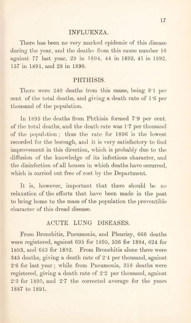 INFLUENZA. There has been no very marked epidemic of this disease during the year, and the deaths from this cause number 16 against 77 last year, 29 in 1 894, 44 in 1893, 41 in 1892, 157 in 1891, and 28 in 1890. PHTHISIS. There were 240 deaths from this cause, being 8T per cent of the total deaths, and giving a death rate of 1 ‘6 per thousand of the population. In 1895 the deaths from Phthisis formed 7'9 per cent, of the total deaths, and the death rate was 1 ‘7 per thousand of the population ; thus the rate for 1896 is the lowest recorded for the borough, and it is very satisfactory to find improvement in this direction, which is probably due to the diffusion of the knowledge of its infectious character, and the disinfection of all houses in which deaths have occurred, which is carried out free of cost by the Department. It is, however, important that there should be no relaxation of the efforts that have been made in the past to bring home to the mass of the population the preventible character of this dread disease. ACUTE LUNG DISEASES. From Bronchitis, Pneumonia, and Pleurisy, 666 deaths were registered, against 695 for 1895, 536 for 1894, 624 for 1893, and 683 for 1892. From Bronchitis alone there were 345 deaths, giving a death rate of 2'4 per thousand, against 2*6 for last year; while from Pneumonia, 318 deaths were registered, giving a death rate of 2*2 per thousand, against 2*3 for 1895, and 2*7 the corrected average for the years 1887 to 1891.