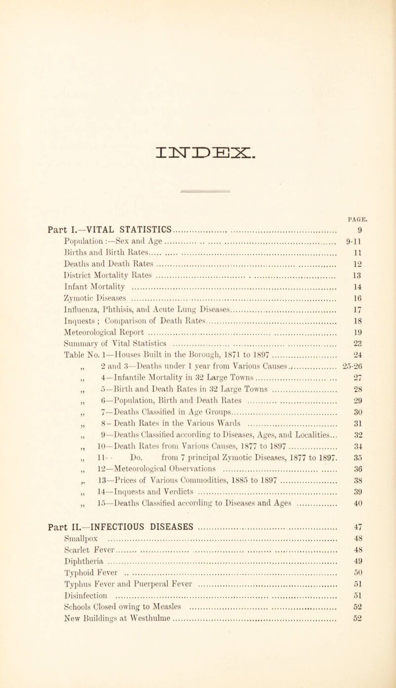 UsTiDIEiX PAGE. Part I.—VITAL STATISTICS. Population :—Sex and Age. Births and Birth Rates. Deaths and Death Rates. District Mortality Rates . Infant Mortality . Zymotic Diseases . Influenza, Phthisis, and Acute Lung Diseases. Inquests ; Comparison of Death Rates. Meteorological Report . Summary of Vital Statistics . Table No. 1—Houses Built in the Borough, 1871 to 1897 . „ 2 and 3—Deaths under 1 year from Various Causes. „ 4—Infantile Mortality in 32 Large Towns. „ 5—Birth and Death Rates in 32 Large Towns . „ 6—Population, Birth and Death Rates . ,, 7—Deaths Classified in Age Groups. „ 8- Death Rates in the Various Wards . „ 9—Deaths Classified according to Diseases, Ages, and Localities... „ 10—Death Rates from Various Causes, 1877 to 1897 . „ 11-- Do. from 7 principal Zymotic Diseases, 1877 to 1897. „ 12—Meteorological Observations . ,, 13—Prices of Various Commodities, 1885 to 1897 . „ 14—Inquests and Verdicts . „ 15—Deaths Classified according to Diseases and Ages . 9 9-11 11 12 13 14 16 17 18 19 23 24 25-26 27 28 29 30 31 32 34 35 36 38 39 40 Part II.—INFECTIOUS DISEASES Smallpox . Scarlet Fever. Diphtheria . Typhoid Fever . Typhus Fever and Puerperal Fever Disinfection . Schools Closed owing to Measles .. New Buildings at Westhulme. 47 48 48 49 50 51 51 52 52