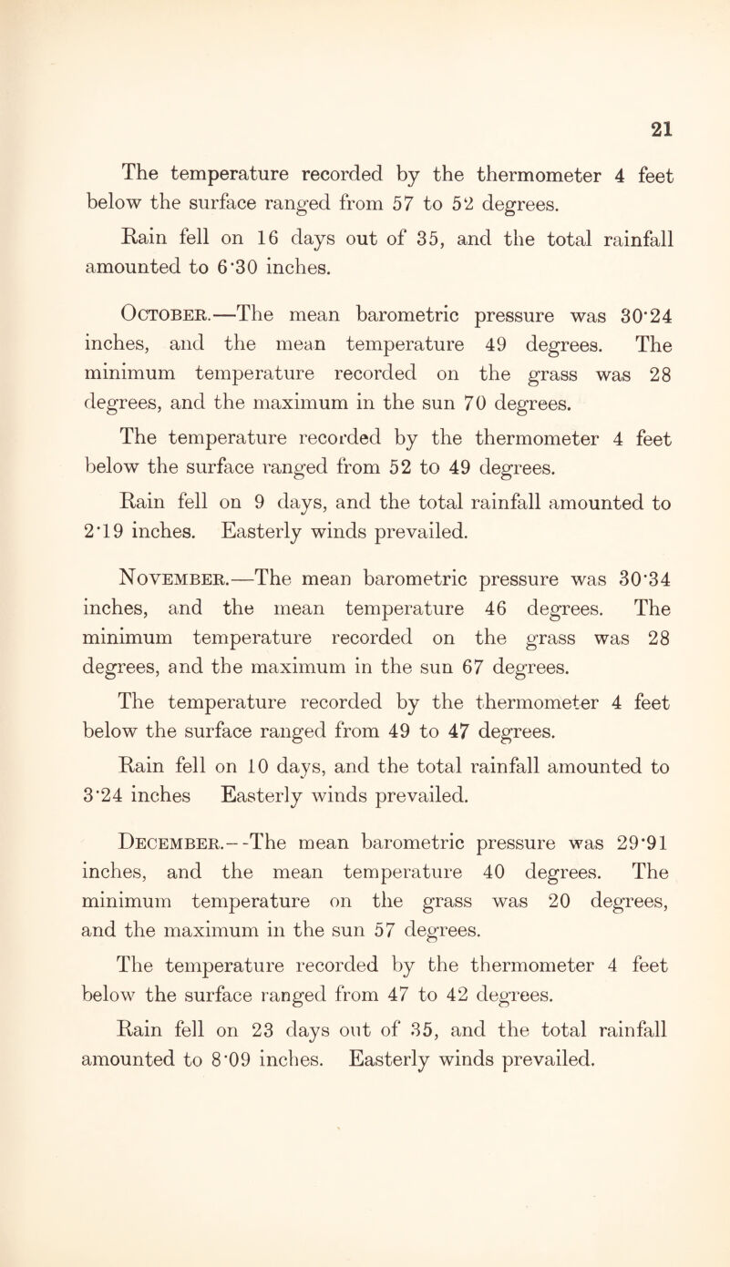 The temperature recorded by the thermometer 4 feet below the surface ranged from 57 to 52 degrees. Rain fell on 16 days out of 35, and the total rainfall amounted to 6*30 inches. October.—The mean barometric pressure was 30*24 inches, and the mean temperature 49 degrees. The minimum temperature recorded on the grass was 28 degrees, and the maximum in the sun 70 degrees. The temperature recorded by the thermometer 4 feet below the surface ranged from 52 to 49 degrees. Rain fell on 9 days, and the total rainfall amounted to 2*19 inches. Easterly winds prevailed. November.—The mean barometric pressure was 30*34 inches, and the mean temperature 46 degrees. The minimum temperature recorded on the grass was 28 degrees, and the maximum in the sun 67 degrees. The temperature recorded by the thermometer 4 feet below the surface ranged from 49 to 47 degrees. Rain fell on 10 days, and the total rainfall amounted to 3*24 inches Easterly winds prevailed. December.--The mean barometric pressure was 29*91 inches, and the mean temperature 40 degrees. The minimum temperature on the grass was 20 degrees, and the maximum in the sun 57 degrees. The temperature recorded by the thermometer 4 feet below the surface ranged from 47 to 42 degrees. Rain fell on 23 days out of 35, and the total rainfall amounted to 8*09 inches. Easterly winds prevailed.