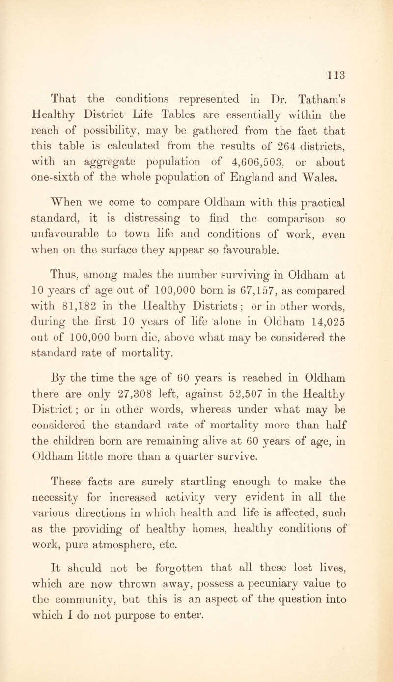 That the conditions represented in Dr. TathanTs Healthy District Life Tables are essentially within the reach of possibility, may be gathered from the fact that this table is calculated from the results of 264 districts, with an aggregate population of 4,606,503, or about one-sixth of the whole population of England and Wales. When we come to compare Oldham with this practical standard, it is distressing to find the comparison so unfavourable to town life and conditions of work, even when on the surface they appear so favourable. Thus, among males the number surviving in Oldham at 10 years of age out of 100,000 born is 67,157, as compared with 81,182 in the Healthy Districts; or in other words, during the first 10 years of life alone in Oldham 14,025 out of 100,000 born die, above what may be considered the standard rate of mortality. By the time the age of 60 years is reached in Oldham there are only 27,308 left, against 52,507 in the Healthy District; or in other words, whereas under what may be considered the standard rate of mortality more than half the children born are remaining alive at 60 years of age, in Oldham little more than a quarter survive. These facts are surely startling enough to make the necessity for increased activity very evident in all the various directions in which health and life is affected, such as the providing of healthy homes, healthy conditions of work, pure atmosphere, etc. It should not be forgotten that all these lost lives, which are now thrown away, possess a pecuniary value to the community, but this is an aspect of the question into which I do not purpose to enter.