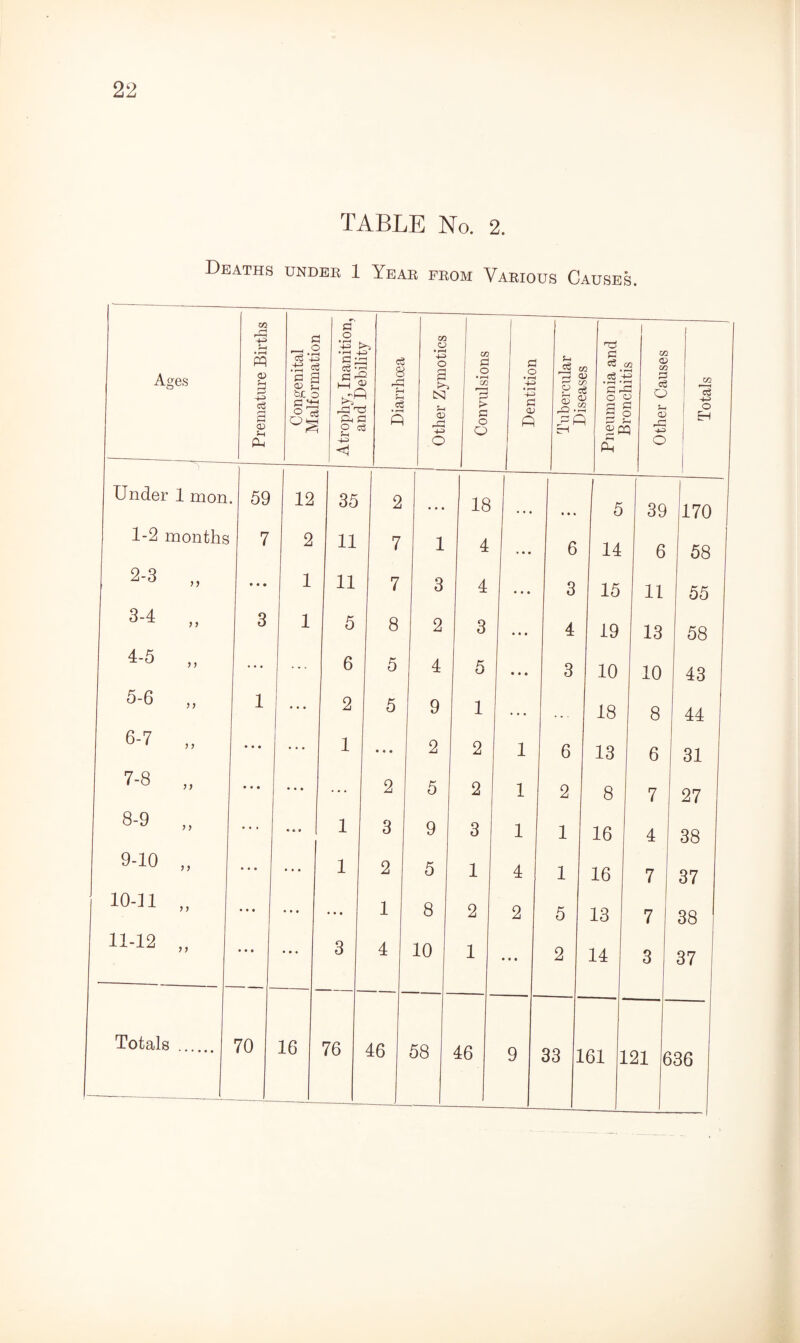 TABLE No. 2. Deaths under 1 Year prom Various Causes.