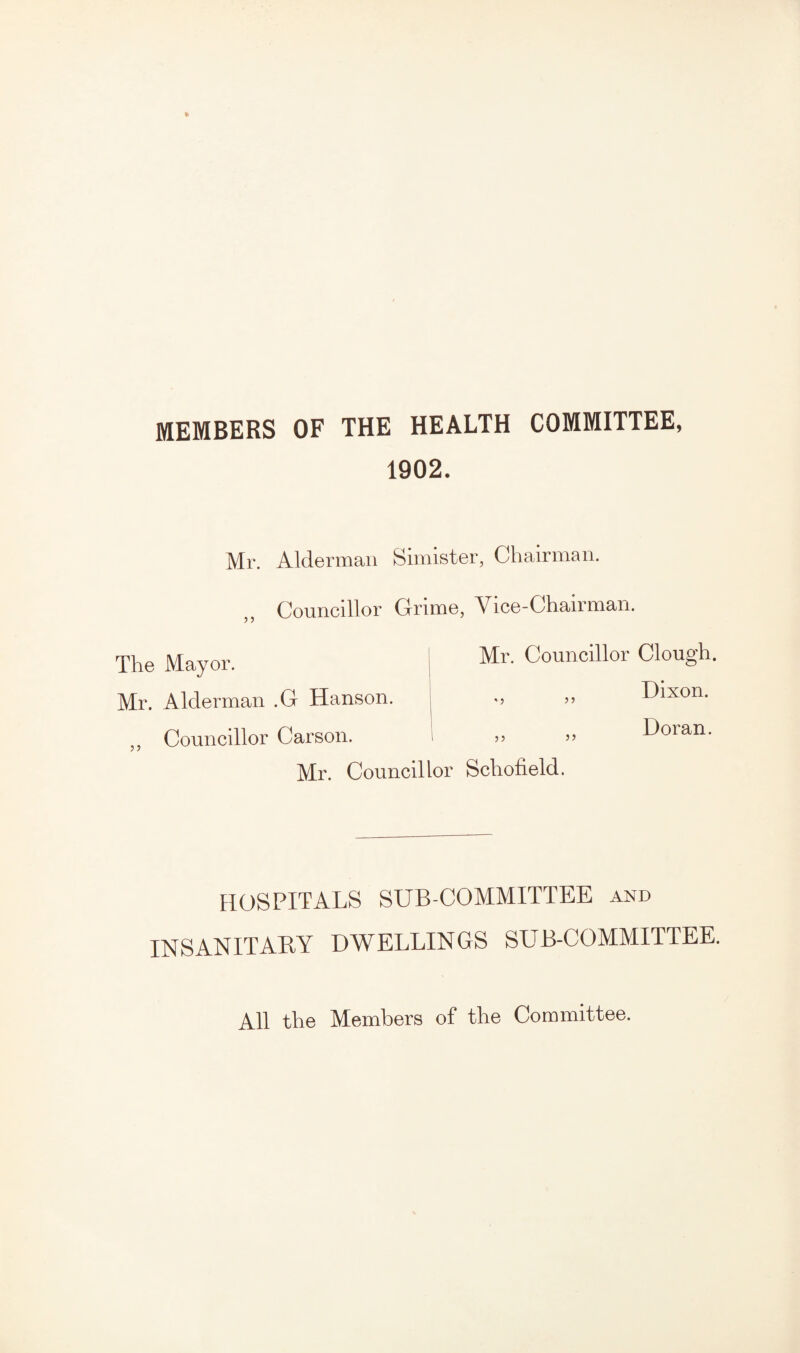 MEMBERS OF THE HEALTH COMMITTEE, 1902. Mr. Alderman Simister, Chairman. Councillor Grime, Vice-Chairman. The Mayor. Mr. Councillor Clough. Mr. Alderman .G Hanson. : » Dixon. ,, Councillor Carson. >> » Doian. Mr. Councillor Schofield. HOSPITALS SUB COMMITTEE AND INSANITARY DWELLINGS SUB-COMMITTEE. All the Members of the Committee.
