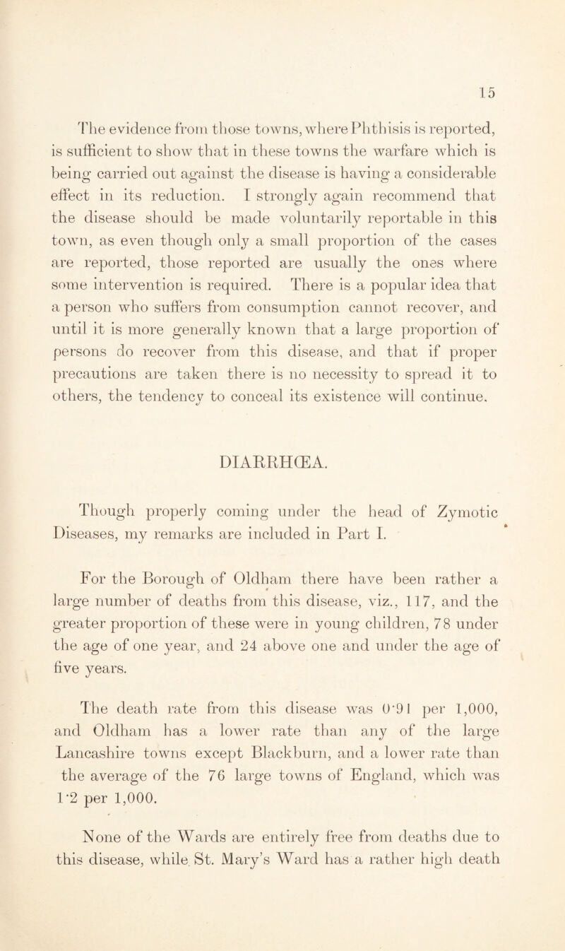 The evidence from those towns, where Phthisis is reported, is sufficient to show that in these towns the warfare which is being carried out against the disease is having a considerable effect in its reduction. I strongly again recommend that the disease should be made voluntarily reportable in this town, as even though only a small proportion of the cases are reported, those reported are usually the ones where some intervention is required. There is a popular idea that a person who suffers from consumption cannot recover, and until it is more generally known that a large proportion of persons do recover from this disease, and that if proper precautions are taken there is no necessity to spread it to others, the tendency to conceal its existence will continue, ' nJ DIARRHOEA. Though properly coming under the head of Zymotic Diseases, my remarks are included in Part I. For the Borough of Oldham there have been rather a large number of deaths from this disease, viz., 117, and the greater proportion of these were in young children, 7 8 under the age of one year, and 24 above one and under the age of five years. The death rate from this disease was 0*91 per 1,000, and Oldham has a lower rate than any of the large Lancashire towns except Blackburn, and a lower rate than the average of the 76 large towns of England, which was 1*2 per 1,000. None of the Wards are entirely free from deaths due to this disease, while. St. Mary’s Ward has a rather high death