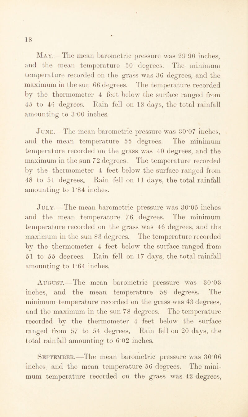 May.—The mean barometric pressure was 29*90 inches, and the mean temperature 50 degrees. The minimum temperature recorded on the grass was 36 degrees, and the maximum in the sun 66 degrees. The temperature recorded by the thermometer 4 feet below the surface ranged from 45 to 46 degrees. Rain fell on 18 days, the total rainfall amounting to 3*00 inches. June.—The mean barometric pressure was 30*07 inches, and the mean temperature 55 degrees. The minimum temperature recorded on the grass was 40 degrees, and the maximum in the sun 72 degrees. The temperature recorded by the thermometer 4 feet below the surface ranged from 48 to 51 degrees. Rain fell on 11 days, the total rainfall amounting to 1*84 inches. O July.—The mean barometric pressure was 30*05 inches and the mean temperature 76 degrees. The minimum temperature recorded on the grass was 46 degrees, and the maximum in the sun 83 degrees. The temperature recorded by the thermometer 4 feet below the surface ranged from 51 to 55 degrees. Rain fell on 17 days, the total rainfall amounting to 1*64 inches. August.—The mean barometric pressure was 30*03 inches, and the mean temperature 58 degrees. The minimum temperature recorded on the grass was 43 degrees, and the maximum in the sun 78 degrees. The temperature recorded by the thermometer 4 feet below the surface ranged from 57 to 54 degrees. Rain fell on 20 days, the total rainfall amounting to 6*02 inches. r September.—The mean barometric pressure was 30*06 inches, and the mean temperature 56 degrees. The mini¬ mum temperature recorded on the grass was 42 degrees,