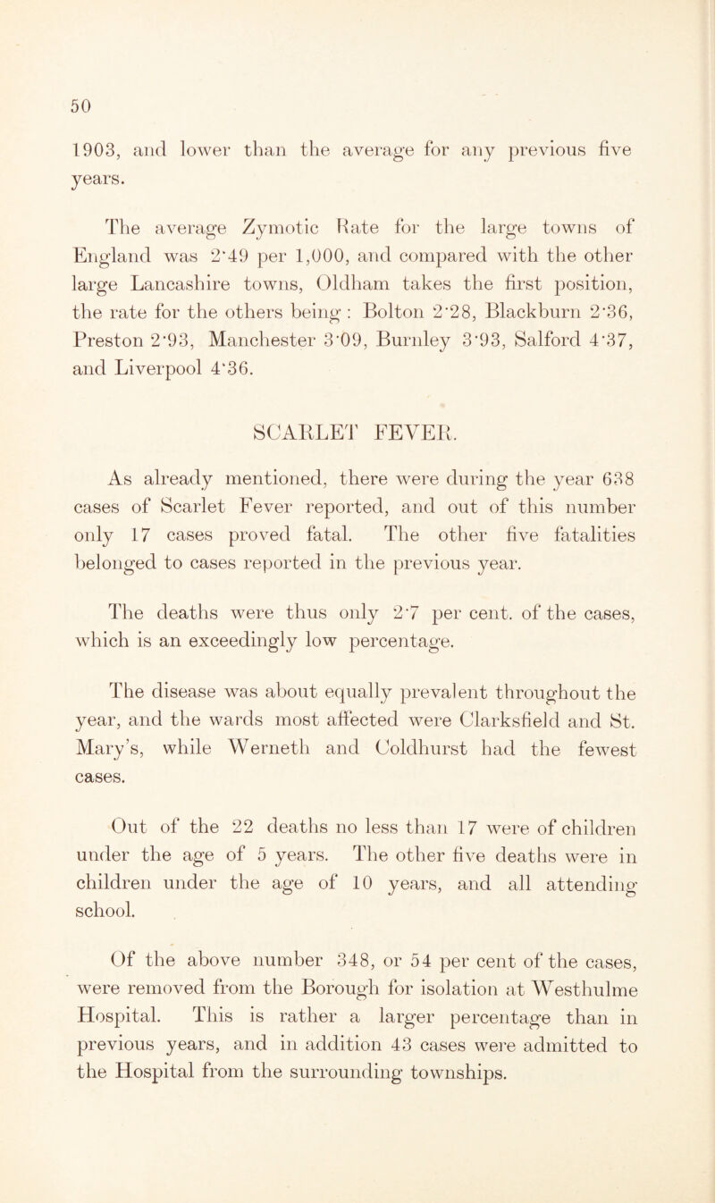 1903, and lower than the average for any previous five years. The average Zymotic Hate for the large towns of England was 2*49 per 1,000, and compared with the other large Lancashire towns, Oldham takes the first position, the rate for the others being : Bolton 2*28, Blackburn 2*36, Preston 2*93, Manchester 3*09, Burnley 3*93, Salford 4*37, and Liverpool 4*36. SCARLET FEVER. As already mentioned, there were during the year 638 cases of Scarlet Fever reported, and out of this number only 17 cases proved fatal. The other five fatalities belonged to cases reported in the previous year. The deaths were thus only 2*7 per cent, of the cases, which is an exceedingly low percentage. The disease was about equally prevalent throughout the year, and the wards most affected were Clarksfield and St. Mary’s, while Werneth and Coldhurst had the fewest cases. Out of the 22 deaths no less than 17 were of children under the age of 5 years. The other five deaths were in children under the age of 10 years, and all attending school. Of the above number 348, or 54 per cent of the cases, were removed from the Borough for isolation at Westhulme Hospital. This is rather a larger percentage than in previous years, and in addition 43 cases were admitted to the Hospital from the surrounding townships.