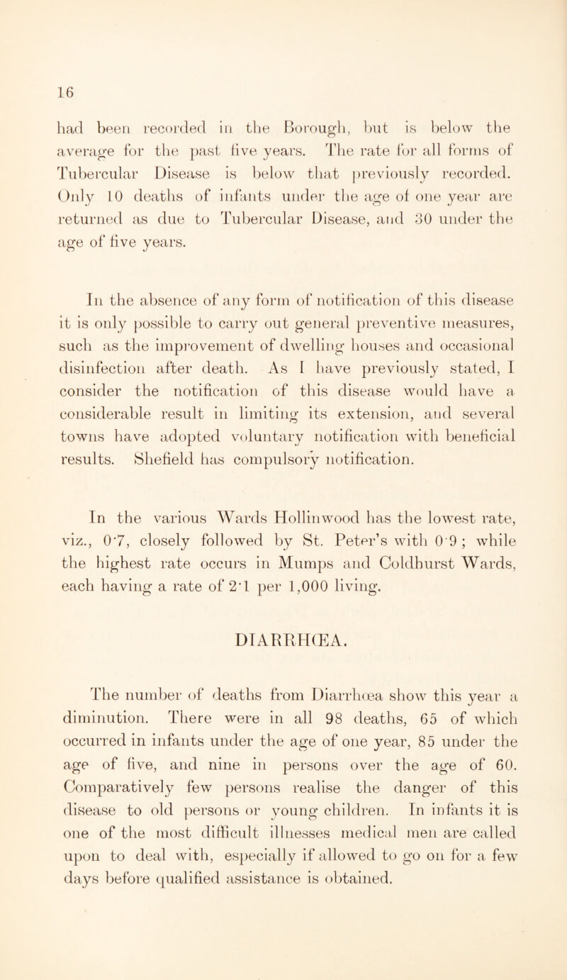 had been recorded in the Borough, but is below the average for the past five years. The rate for all forms of Tubercular Disease is below that previously recorded. Only 10 deaths of infants under the age of one year are returned as due to Tubercular Disease, and 30 under the age of five years. In the absence of any form of notification of this disease it is only possible to carry out general preventive measures, such as the improvement of dwelling houses and occasional disinfection after death. As I have previously stated, I consider the notification of this disease would have a considerable result in limiting its extension, and several towns have adopted voluntary notification with beneficial results. Shefield has compulsory notification. In the various Wards Hollinwood has the lowrest rate, viz., 0*7, closely followed by St. Peter’s with 0'9 ; while the highest rate occurs in Mumps and Coldhurst Wards, each having a rate of 2T per 1,000 living. DIARPvtKEA. The number of deaths from Diarrhoea show this year a diminution. There were in all 98 deaths, 65 of which occurred in infants under the age of one year, 85 under the age of five, and nine in persons over the age of 60. Comparatively few persons realise the danger of this disease to old persons or young children. In infants it is one of the most difficult illnesses medical men are called upon to deal with, especially if allowed to go on for a few days before qualified assistance is obtained.