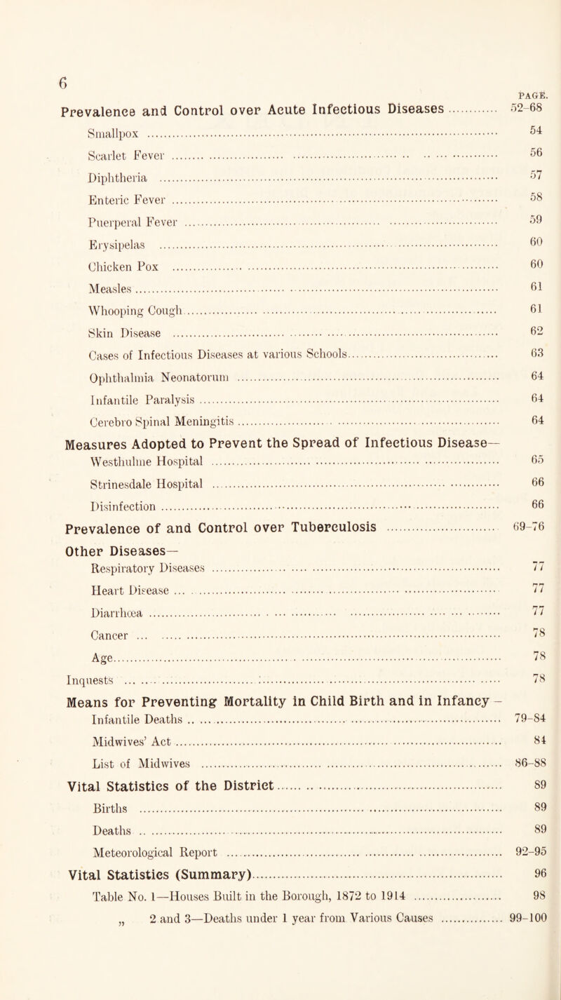 PAGE. Prevalence and Control over Acute Infectious Diseases. 52-68 Smallpox . 54 Scarlet Fever . 56 Diphtheria . 57 Enteric Fever . 58 Puerperal Fever . 59 Erysipelas . 60 Chicken Pox . 60 Measles. 61 Whooping Cough. 61 Skin Disease . 62 Cases of Infectious Diseases at various Schools. 63 Ophthalmia Neonatorum . 64 Infantile Paralysis. 64 Cerebro Spinal Meningitis. 64 Measures Adopted to Prevent the Spread of Infectious Disease— Westhulme Hospital . 65 Strinesdale Hospital . 66 Disinfection . 66 Prevalence of and Control over Tuberculosis . 69-76 Other Diseases— Respiratory Diseases . 77 Heart Disease . 77 Diarrhoea . 77 Cancer . 78 Age. 78 Inquests . 78 Means for Preventing Mortality in Child Birth and in Infancy Infantile Deaths.. 79-84 Mid wives’Act. 34 List of Midwives . 86-88 Vital Statistics of the District. 89 Births . 89 Deaths . 89 Meteorological Report . 92-95 Vital Statistics (Summary). 96 Table No. 1—Houses Built in the Borough, 1872 to 1914 . 98 2 and 3—Deaths under 1 year from Various Causes . 99-100