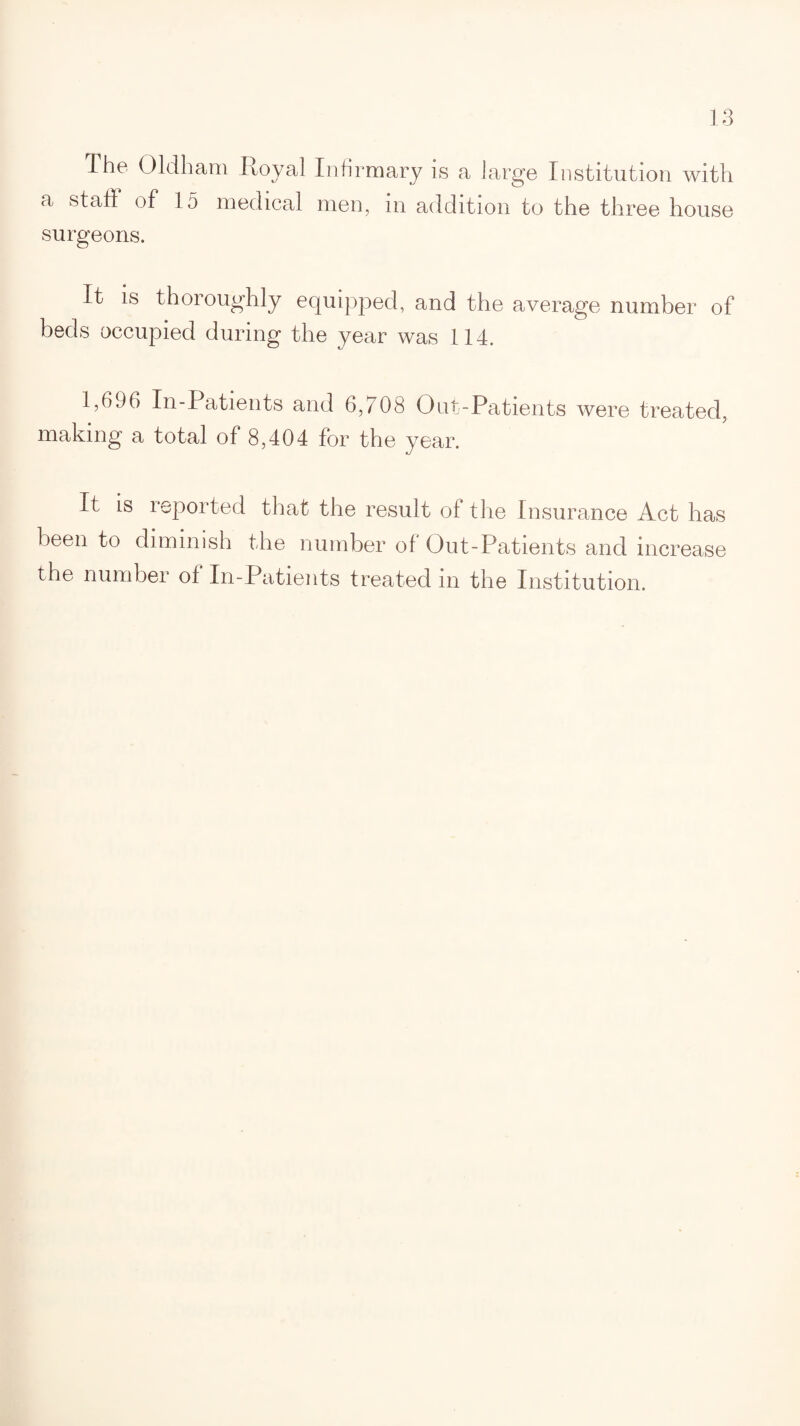 The Oldham Royal Infirmary is a large Institution with a staff of 15 medical men, in addition to the three house surgeons. It is thoroughly equipped, and the average number of beds occupied during the year was 114. 1,696 In-Patients and 6,708 Out-Patients were treated, making a total of 8,404 for the year. It is reported that the result of the Insurance Act has been to diminish the number of Out-Patients and increase the number of In-Patients treated in the Institution.