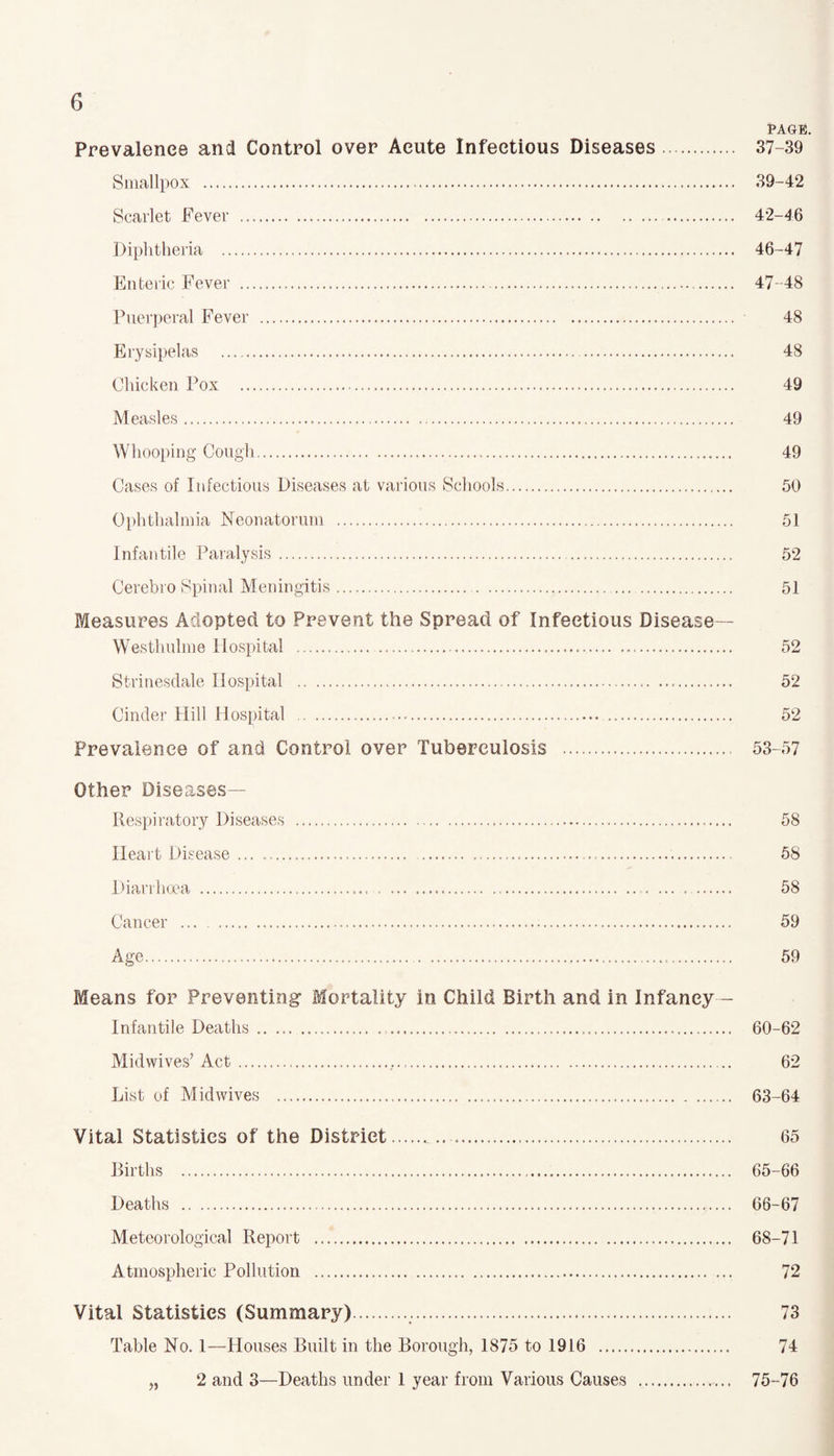 PAGE. Prevalence and Control over Acute Infectious Diseases. 37-39 Smallpox . 39-42 Scarlet Fever . 42-46 Diphtheria . 46-47 Enteric Fever . 47-48 Puerperal Fever . 48 Erysipelas . 48 Chicken Pox . 49 Measles. 49 Whooping Cough. 49 Cases of Infectious Diseases at various Schools. 50 Ophthalmia Neonatorum . 51 Infantile Paralysis . 52 Cerebro Spinal Meningitis. 51 Measures Adopted to Prevent the Spread of Infectious Disease— Westhulme Hospital . 52 Strinesdale Hospital . 52 Cinder Hill Hospital . 52 Prevalence of and Control over Tuberculosis . 53-57 Other Diseases— Respiratory Diseases . 58 Heart Disease . 58 Diarrhoea .. , . 58 Cancer ... 59 Age. 59 Means for Preventing Mortality in Child Birth and in Infancy - Infantile Deaths . 60-62 Midwives’ Act. 62 List of Midwives . 63-64 Vital Statistics of the District.. .. 65 Births . 65-66 Deaths . 66-67 Meteorological Report . 68-71 Atmospheric Pollution . 72 Vital Statistics (Summary)... 73 Table No. 1—Houses Built in the Borough, 1875 to 1916 . 74 „ 2 and 3—Deaths under 1 year from Various Causes . 75-76