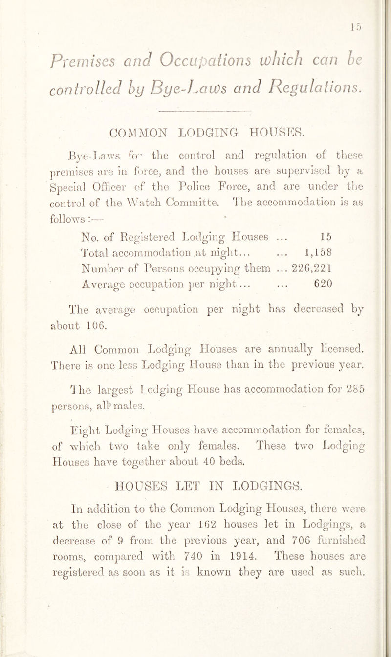 Premises and Occupations which can he controlled by Bye-Laws and Regulations. COMMON LODGING HOUSES. Bye-Laws hr the control and regulation of these premises are in force, and the houses are supervised by a Special Officer of the Police Force, and are under the control of the Watch Committe. The accommodation is as follows :— No. of .Registered Lodging Houses ... 15 Total accommodation at niglit... ... 1,158 Number of Persons occupying them ... 226,221 Average occupation per night... ... 620 The average occupation per night has decreased by about 106. All Common Lodging Houses are annually licensed. There is one less Lodging House than in the previous year. rlhe largest Lodging House has accommodation for 285 persons, alb males. Eight Lodging Houses have accommodation for females, of which two take only females. These two Lodging Houses have together about 40 beds. HOUSES LET IN LODGINGS. In addition to the Common Lodging Houses, there were at the close of the year 162 houses let in Lodgings, a decrease of 9 from the previous year, and 706 furnished rooms, compared with 740 in 1914. These houses are registered as soon as it is known they are used as such.