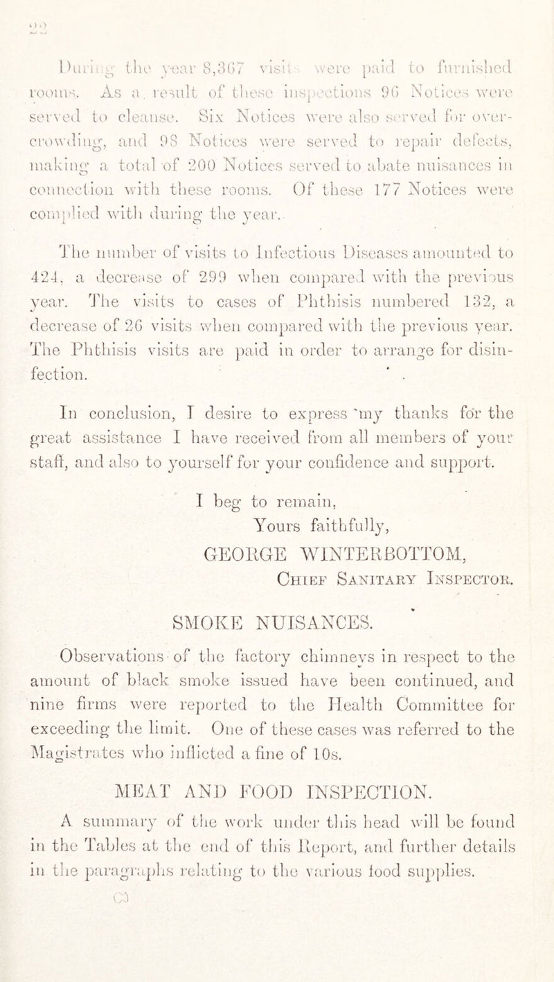 During the year 8,3G7 visit were paid to furnished rooms. As a. result of these inspections 96 Notices were served to cleanse. Six Notices were also served for over¬ crowding, and 98 Notices were served to repair defects, making a total of 200 Notices served to abate nuisances in connection with these rooms. Of these 177 Notices were complied with during the year.. i o J The number of visits to Infectious Diseases amounted to 424, a decrease of 299 when compared with the. previous year. The visits to cases of Phthisis numbered 132, a decrease of 26 visits when compared with the previous year. The Phthisis visits are paid in order to arrange for disin¬ fection. * . In conclusion, I desire to express ‘my thanks for the great assistance I have received from all members of your stall, and also to yourself for your confidence and support. I beg to remain, Yours faithfully, GEORGE WINTE R BOTTOM, Chief Sanitary Inspector. SMOKE NUISANCES. Observations of the factory chimneys in respect to the amount of black smoke issued have been continued, and nine firms were reported to the Health Committee for exceeding the limit. One of these cases was referred to the Magistrates who inflicted a fine of 10s. SAT AND ROOD INSPECTION. A summary of the work under this head will be found in the Tables at the end of this Report, and further details in the paragraphs relating to the various lood supplies.