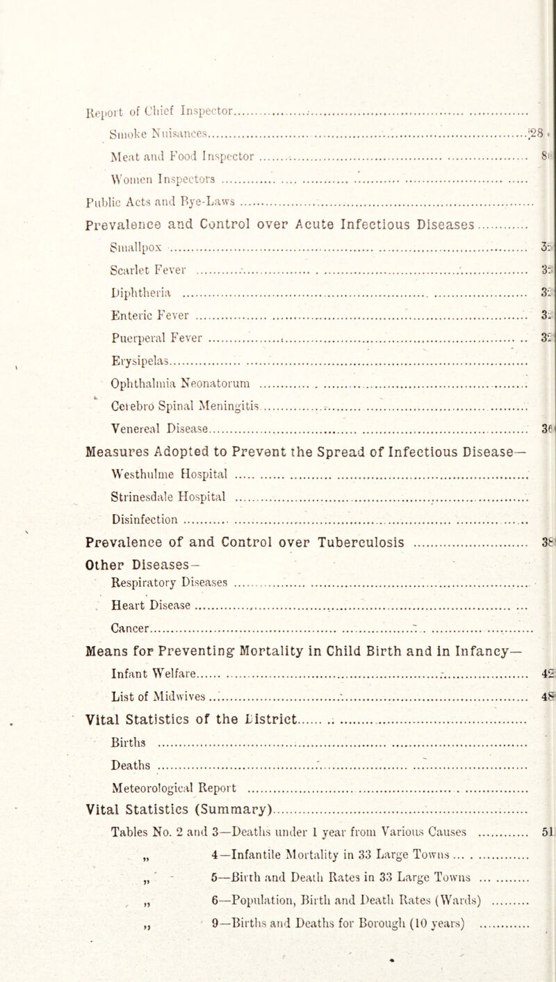 Report of Chief Inspector..■. Smoke Nuisances..;28 * Meat and Food Inspector. 81 Women Inspectors . Public Acts and Rye-Laws. Prevalence and Control over Acute Infectious Diseases Smallpox .. 3: Scarlet Fever .-.■.. 3:1 Diphtheria . 3: Enteric Fever . 3: Puerperal Fever . 32 Erysipelas.. Ophthalmia Neonatorum ..... Cerebro Spinal Meningitis.;... Venereal Disease. 3f Measures Adopted to Prevent the Spread of Infectious Disease— Westhulme Hospital . Strinesdale Flospital .... Disinfection .. Prevalence of and Control over Tuberculosis . 38 Other Diseases- Respiratory Diseases . Heart Disease... Cancer.t.. Means for Preventing Mortality in Child Birth and in Infancy- Infant Welfare.;. 42 List of Midwives ..'.. 48* Vital Statistics of the Listriet... Births ... Deaths .. Meteorological Report . Vital Statistics (Summary).. Tables No. 2 and 3—Deaths under 1 year from Various Causes . 51 „ 4—Infantile Mortality in 33 Large Towns. „ - 5—Birth and Death Rates in 33 Large Towns . „ 6—Population, Birth and Death Rates (Wards) . „ 9—Births and Deaths for Borough (10 years) .