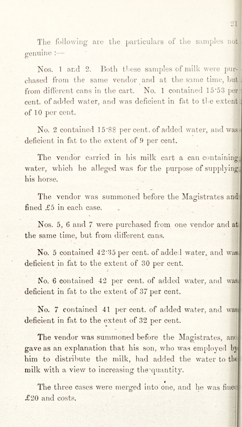 The following are the particulars of the samples not genuine :— Nos. 1 and 2. Both these samples of milk were pur¬ chased from the same vendor and at the same time, but from different cans in the cart. No. 1 contained 15*53 per cent, of added water, and was deficient in fat to the extent of 10 per cent. No. 2 contained 15*88 per cent, of added water, and wasi deficient in fat to the extent of 9 per cent. The vendor carried in his milk cart a can containing]; water, which he alleged was for the purpose of supplying: his horse. T1 le vendor was summoned before the Magistrates and O fined £5 in each case. Nos. 5, 6 and 7 were purchased from one vendor and at the same time, but from different cans. No. 5 contained 42*35 per cent, of added water* and was: deficient in fat to the extent of 30 per cent. No. 6 contained 42 per cent, of added water, and was deficient in fat to the extent of 37 per cent. No. 7 contained 41 per cent, of added water, and was deficient in fat to the extent of 32 per cent. * The vendor was summoned before the Magistrates, ana gave as an explanation that his son, who wras employed bj * him to distribute the milk, had added the water to tlm milk with a view to increasing the'quantity. i The three cases were merged into one, and he was finei! £20 and costs.