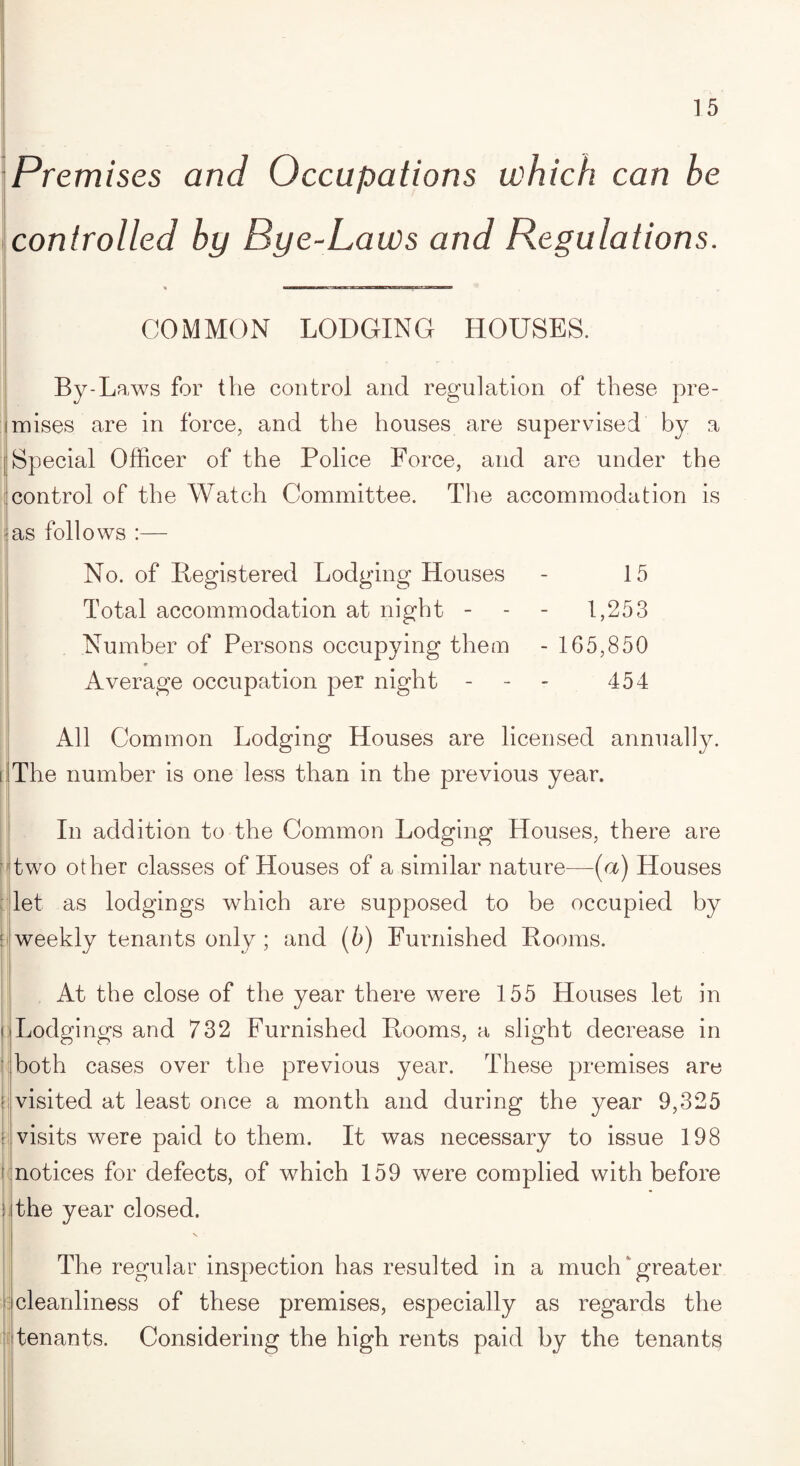 Premises and Occupations which can be controlled by Bye-Laws and Regulations. % iMiHunarc-aai i COMMON LODGING HOUSES. By-Laws for the control and regulation of these pre¬ mises are in force, and the houses are supervised by a Special Officer of the Police Force, and are under the control of the Watch Committee. The accommodation is as follows :— No. of Registered Lodging Houses - 15 Total accommodation at night - - - 1,253 Number of Persons occupying them - 165,850 Average occupation per night - - - 454 All Common Lodging Houses are licensed annually. ilThe number is one less than in the previous year. In addition to the Common Lodging Houses, there are two other classes of Houses of a similar nature—(a) Houses let as lodgings which are supposed to be occupied by i weekly tenants only ; and (b) Furnished Rooms. At the close of the year there were 155 Houses let in iLodgings and 732 Furnished Rooms, a slight decrease in iboth cases over the previous year. These premises are ; visited at least once a month and during the year 9,325 visits were paid to them. It was necessary to issue 198 notices for defects, of which 159 were complied with before the year closed. \ The regular inspection has resulted in a much greater cleanliness of these premises, especially as regards the tenants. Considering the high rents paid by the tenants