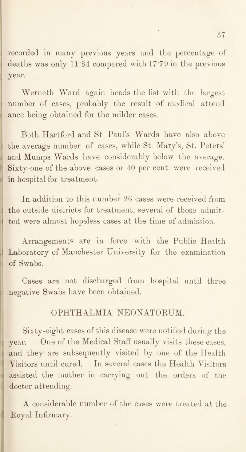 1 ' ’ I I \] i; [j l< I recorded in many previous years and the percentage of deaths was only 11*84 compared with 17*79 in the previous year. Werneth Ward again heads the list with the largest number of cases, probably the result of medical attend ance being obtained for the milder cases. Both Hartford and St Paul’s Wards have also above the average number of cases, while St. Mary’s, St. Peters’ and Mumps Wards have considerably below the average. Sixty-one of the above cases or 40 per cent, were received in hospital for treatment. In addition to this number 26 cases were received from the outside districts for treatment, several of those admit¬ ted were almost hopeless cases at the time of admission. Arrangements are in force with the Public Health Laboratory of Manchester University for the examination of Swabs. Cases are not discharged from hospital until three negative Swabs have been obtained. OPHTHALMIA NEONATORUM. Sixty-eight ca-ses of this disease were notified during the year. One of the Medical Staff usually visits these cases, and they are subsequently visited by one of the Health Visitors until cured. In several cases the Health Visitors assisted the mother in carrying out the orders of the doctor attending. A considerable number of the cases were treated at the Royal Infirmary.