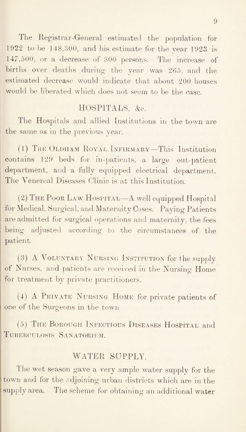 The Registrar-General estimated the population for 1922 to be 148,300, and his estimate for the year 1923 is 147,500, or a decrease of 800 persons. The increase of births over deaths during the year was 265. and the estimated decrease would indicate that about 200 houses would be liberated which does not seem to be the case. HOSPITALS, &c. The Hospitals and allied Institutions in the town are the same as in the previous year. (1) The Oldham Royal Infirmary—This Institution contains 129 beds for in-patients, a large out-patient department, and a fully equipped electrical department. The Venereal Diseases Clinic is at this Institution. (2) The Poor Law Hospital—A well equipped Hospital for Medical, Surgical, and Maternity Cases. Paying Patients are admitted for surgical operations and maternity, the fees being adjusted according to the circumstances of the patient. (3) A Voluntary Nursing Institution for the supply of Nurses, and patients are received in the Nursing Home for treatment by private practitioners. (4) A Private Nursing Home for private patients of one of the Surgeons in the town (5) The Borough Infectious Diseases Hospital and Tuberculosis Sanatorium. WATER SUPPLY. 1 he wet season gave a very ample water supply for the town and lor the adjoining urban districts which are in the supply area. The scheme for obtaining an additional water