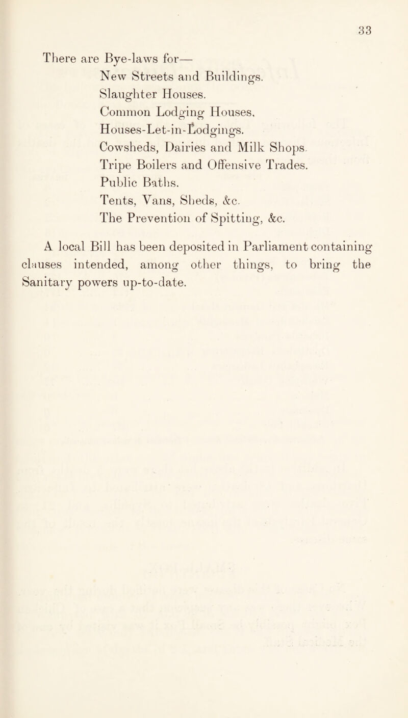 There are Bye-laws for— New Streets and Buildings. Slaughter Houses. Common Lodging Houses, Houses-Let-in-Lodgings. Cowsheds, Dairies and Milk Shops. Tripe Boilers and Offensive Trades. Public Batins. Tents, Vans, Sheds, &c. The Prevention of Spitting, <fcc. A local Bill has been deposited in Parliament containing clauses intended, among other things, to bring the Sanitary powers up-to-date.