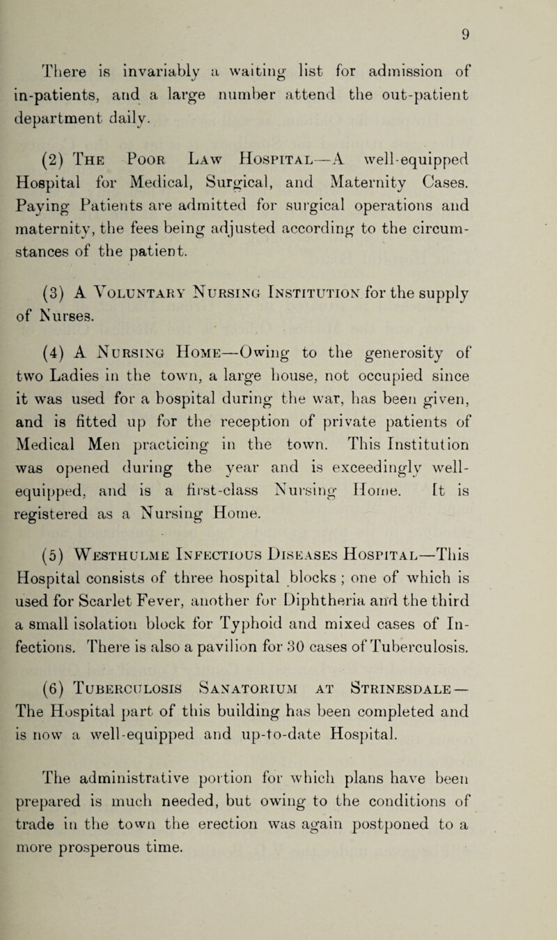 There is invariably a waiting list for admission of in-patients, and a large number attend the out-patient department daily. (2) The Poor Law Hospital—A well-equipped Hospital for Medical, Surgical, and Maternity Cases. Paving Patients are admitted for surgical operations and maternity, the fees being adjusted according to the circum¬ stances of the patient. (3) A Voluntary Nursing Institution for the supply of Nurses. (4) A Nursing Home—Owing to the generosity of two Ladies in the town, a large house, not occupied since it was used for a hospital during the war, has been given, and is fitted up for the reception of private patients of Medical Men practicing in the town. This Institution was opened during the year and is exceedingly well- equipped, and is a first-class Nursing Home. It is registered as a Nursing Home. (5) Westhulme Infectious Diseases Hospital—This Hospital consists of three hospital blocks ; one of which is used for Scarlet Fever, another for Diphtheria and the third a small isolation block for Typhoid and mixed cases of In¬ fections. There is also a pavilion for 30 cases of Tuberculosis. (6) Tuberculosis Sanatorium at Strinesdale — The Hospital part of this building has been completed and is now a well-equipped and up-to-date Hospital. The administrative portion for which plans have been prepared is much needed, but owing to the conditions of trade in the town the erection was again postponed to a more prosperous time.