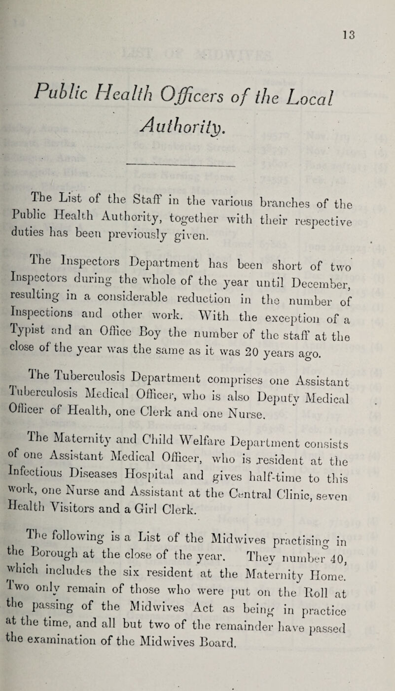 13 Public Health Officers of the Local Authority). The List of the Staff in the various branches of the Public Health Authority, together with their respective duties has been previously given. The Inspectors Department has been short of two Inspectors during the whole of the year until December, resulting in a considerable reduction in the number of Inspections and other work. With the exception of a Typist and an Office Boy the number of the staff at the close of the year was the same as it was 20 years ago. 1 he Tuberculosis Department comprises one Assistant Tuberculosis Medical Officer, who is also Deputy Medical Officer of Health, one Clerk and one Nurse. The Maternity and Child Welfare Department consists of one Assistant Medical Officer, who is resident at the Infectious Diseases Hospital and gives half-time to tin's work, one Nurse and Assistant at the Central Clinic, seven Health Visitors and a Girl Clerk. The following is a List of the Midwives practising in the Borough at the close of the year. They numbeiHO, which includes the six resident at the Maternity Home, two only remain of those who were put on the Roll at the passing of the Mid wives Act as being in practice at the time, and all but two of the remainder have passed the examination of the Midwives Board,