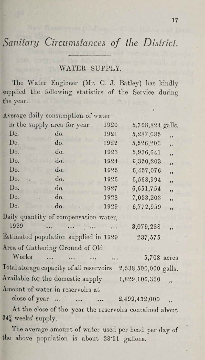 17 Sanitary Circumstances of the District. WATER SUPPLY. The Water Engineer (Mr. C. J. Batley) has kindly supplied the following statistics of the Service during the year. Average daily consumption of water in the sup ply area for year 1920 5,768,824 galls. Do. do. 1921 5,287,085 » Do. do. 1922 5,526,203 f > Do. do. 1923 5,936,641 ft Do. do. 1924 6,350,203 t) Do. do. 1925 6,457,076 ft Do. do. 1926 6,568,994 tt Do. do. 1927 6,651,754 t> Do. do. 1928 7,033,203 tt Do. do. 1929 6,772,959 tt Daily quanti ity of compensation v ■ liter, 1929 • • • • • • • • • • • • 3,079,288 t > Estimated population supplied in 1929 237,575 Area of Gatl :iering Ground of Old • Works • • • • • • • • • • • • 5,708 acres Total storage capacity of all reservoirs 2,538,500,000 galls. Available for the domestic supply 1,829,10G,330 ,, Amount of water in reservoirs at close of year ... ... ... 2,499,432,000 „ At the close of the year the reservoirs contained about 34-| weeks’ supply. The average amount of water used per head per day of the above population is about 28*51 gallons.