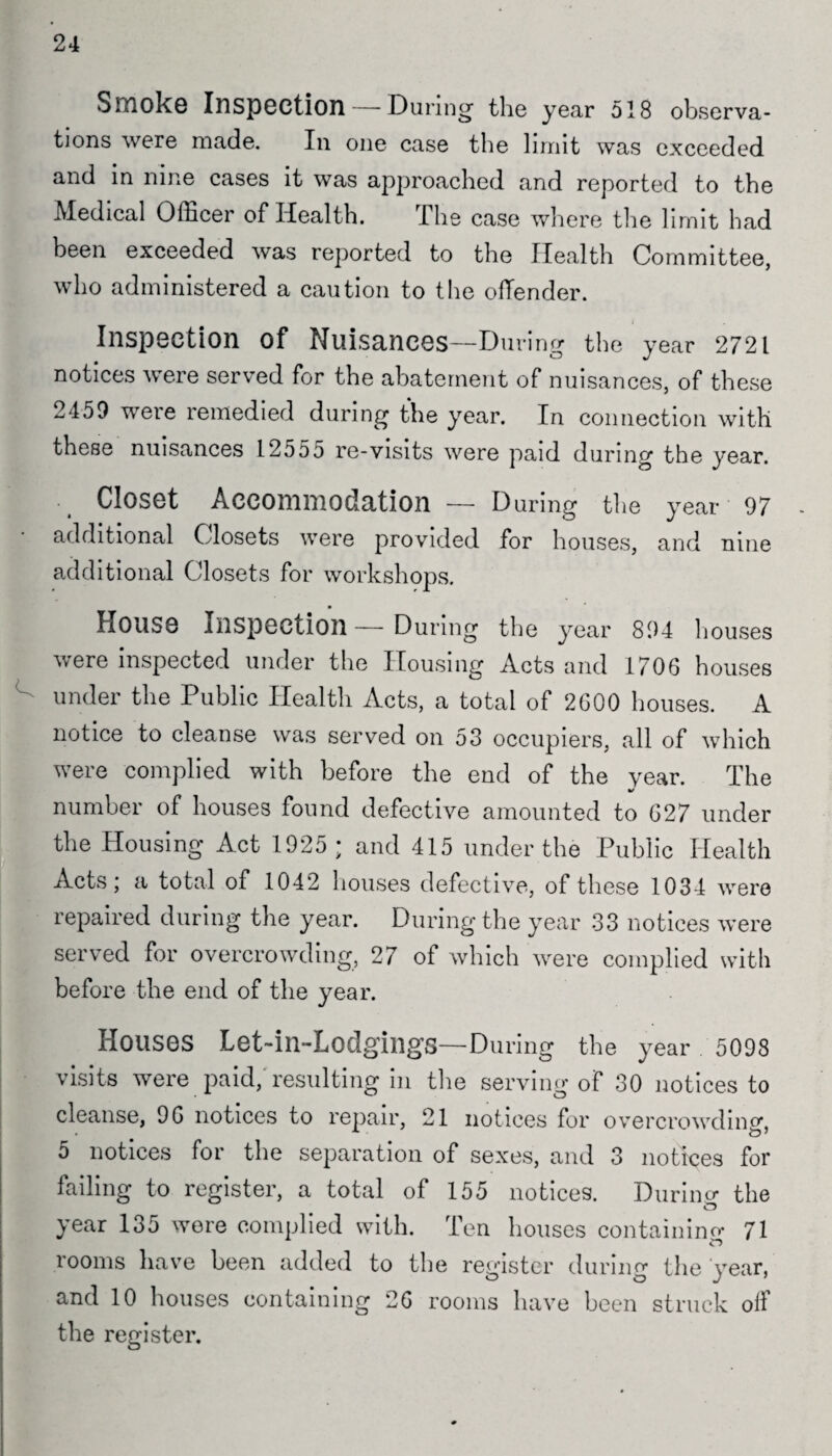 24 Smoke Inspection — During1 the year 518 observa¬ tions were made. In one case the limit was exceeded and in nine cases it was approached and reported to the Medical Officer of Health. the case where the limit bad been exceeded was reported to the Health Committee, who administered a caution to the offender. t Inspection of Nuisances—During the year 2721 notices were served for the abatement of nuisances, of these 2459 were remedied during the year. In connection with these nuisances I255o re-visits were paid during the year. • Closet Accommodation — During the year 97 additional Closets were provided for houses, and nine additional Closets for workshops. House Inspection—During the year 894 houses were inspected under the Housing Acts and 1706 houses under the Public Health Acts, a total of 2600 houses. A notice to cleanse was served on 53 occupiers, all of which were complied with before the end of the year. The %/ number of houses found defective amounted to G27 under the Housing Act 1925 ; and 415 under the Public Health Acts; a total of 1042 houses defective, of these 1034 were repaired during the year. During the year 33 notices were served for overcrowding, 27 of which were complied with before the end of the year. Houses Let-in-Lodgings—During the year 5098 visits were paid, resulting in the serving of 30 notices to cleanse, 9G notices to repair, 21 notices for overcrowding, 5 notices for the separation of sexes, and 3 notices for failing to register, a total of 155 notices. Durum- the O year 135 were complied with. Ten houses containinp- 71 rooms have been added to the register during the year, and 10 houses containing 26 rooms have been struck olf the register.