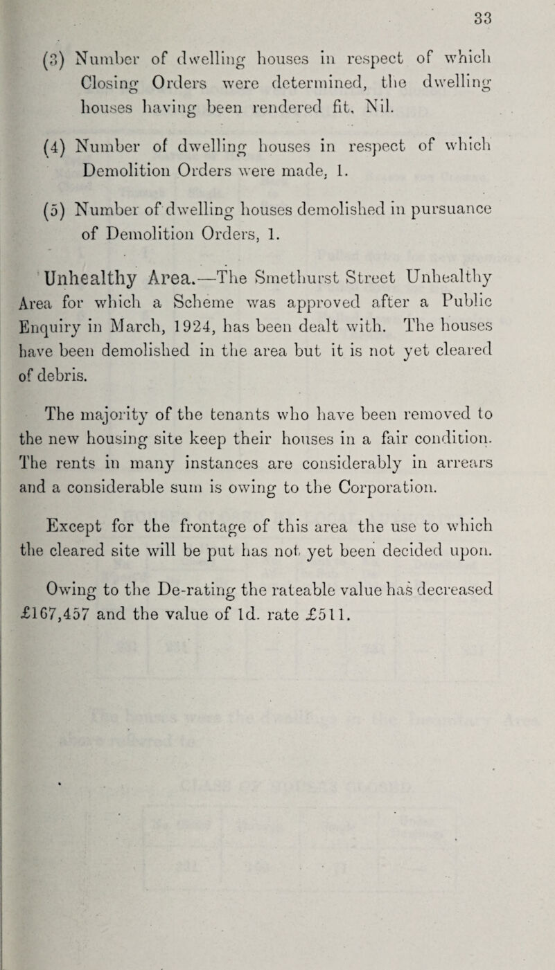 33 (3) Number of dwelling houses in respect of which Closing Orders were determined, the dwelling houses having been rendered fit. Nil. (4) Number of dwelling houses in respect of which Demolition Orders were made, l. (5) Number of dwelling houses demolished m pursuance of Demolition Orders, 1. Unhealthy Area*—The Smethurst Street Unhealthy Area for which a Scheme was approved after a Public Enquiry in March, 1924, has been dealt with. The houses have been demolished in the area but it is not yet cleared of debris. The majority of the tenants who have been removed to the new housing site keep their houses in a fair condition. The rents in many instances are considerably in arrears and a considerable sum is owing to the Corporation. Except for the frontage of this area the use to which the cleared site will be put has not yet been decided upon. Owing to the De-rating the rateable value has decreased £107,457 and the value of Id. rate £511.