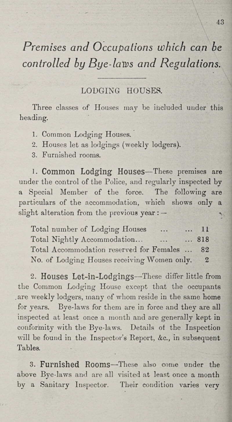 Premises and Occupations which can be controlled by Bye-lams and Regulations. LODGING HOUSES. Three classes of Houses may be included under this heading. 1. Common Lodging Houses. 2. Houses let as lodgings (weekly lodgers). 3. Furnished rooms. 1. Common Lodging Houses—These premises are under the control of the Police, and regularly inspected by a Special Member of the force. The following are particulars of the accommodation, which shows only a slight alteration from the previous year : — v. * Total number of Lodging Houses ... ... 11 Total Nightly Accommodation... ... ... 818 Total Accommodation reserved for Females ... 82 No. of Lodging Houses receiving Women only. 2 2. Houses Let-in-Lodgings—These differ little from the Common Lodging House except that the occupants .are weekly lodgers, many of whom reside in the same home for years. Bye-laws for them are in force and they are all inspected at least once a month and are generally kept in conformity with the Bye-laws. Details of the Inspection will be found in the Inspector’s Beport, Ac., in subsequent Tables. J 3. Furnished Rooms—These also come under the above Bye-laws and are all visited at least once a month by a Sanitary Inspector. Their condition varies very