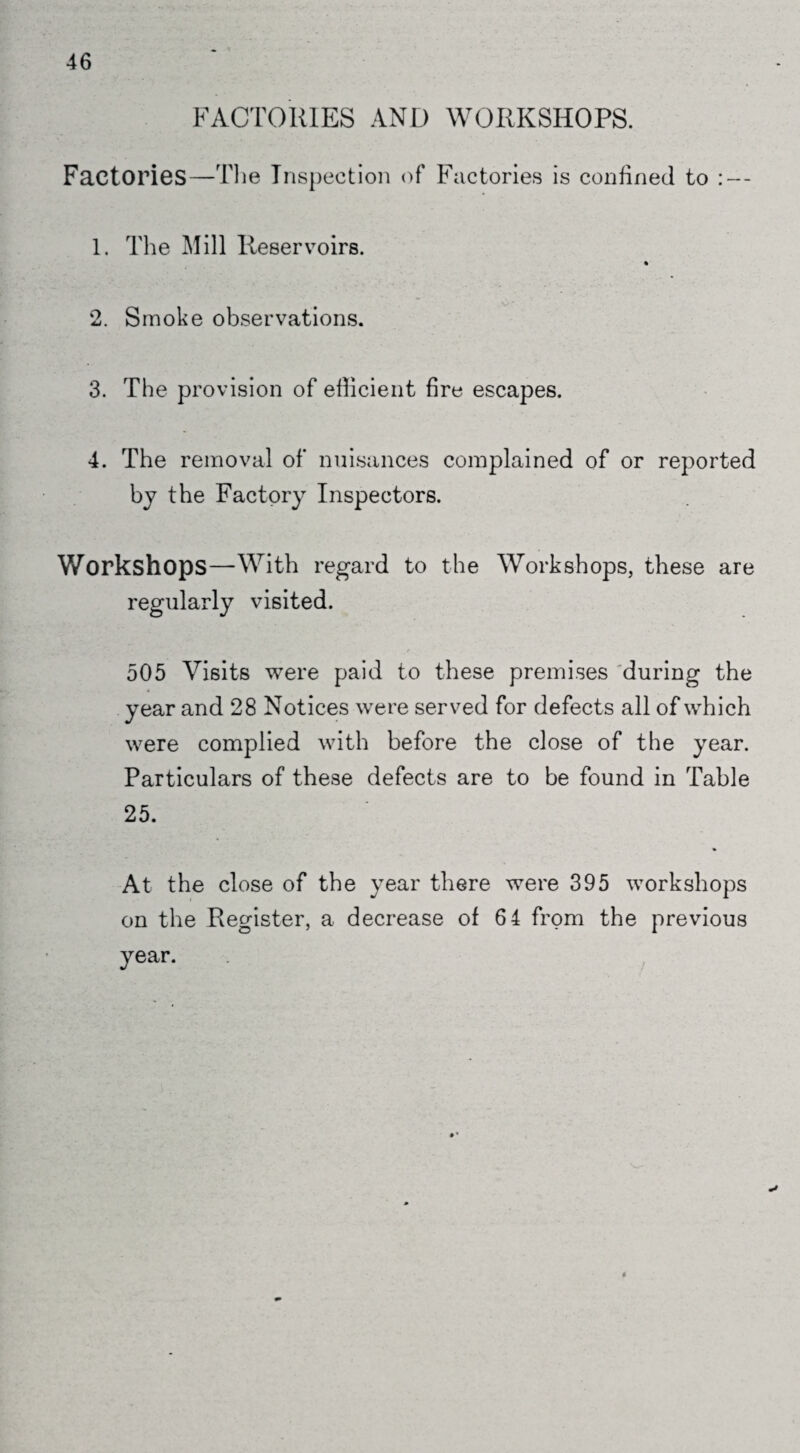 FACTORIES AND WORKSHOPS. Factories—The Inspection of Factories is confined to : — 1. The Mill Reservoirs. 2. Smoke observations. 3. The provision of efficient fire escapes. 4. The removal of nuisances complained of or reported by the Factory Inspectors. Workshops—With regard to the Workshops, these are regularly visited. 505 Visits were paid to these premises during the year and 28 Notices were served for defects all of which were complied with before the close of the year. Particulars of these defects are to be found in Table 25. At the close of the year there were 395 workshops on the Register, a decrease of 64 from the previous year.