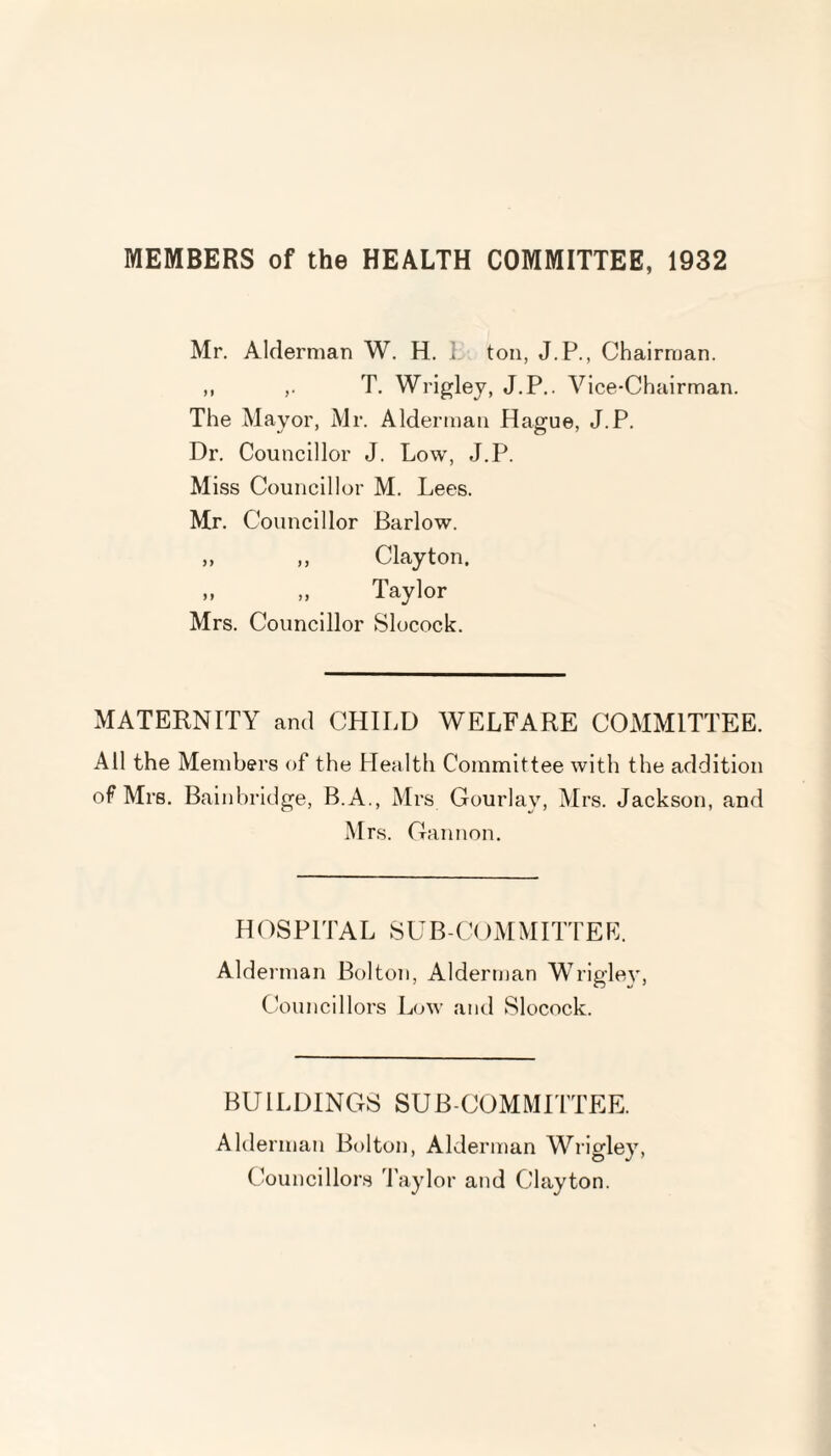 MEMBERS of the HEALTH COMMITTEE, 1932 Mr. Alderman W. H. I ton, J.P., Chairman. ,, ,. T. Wrigley, J.P.. Vice-Chairman. The Mayor, Mr. Alderman Hague, J.P. Dr. Councillor J. Low, J.P. Miss Councillor M. Lees. Mr. Councillor Barlow. „ „ Clayton. » „ Taylor Mrs. Councillor Slocock. MATERNITY and CHILD WELFARE COMMITTEE. All the Members of the Health Committee with the addition of Mrs. Bainbridge, B.A., Mrs Gourlay, Mrs. Jackson, and Mrs. Gannon. HOSPITAL SUB COMMITTEE. Alderman Bolton, Alderman Wrigley, Councillors Low and Slocock. BUILDINGS SUB COMMITTEE. Alderman Bolton, Alderman Wrigley, Councillors Taylor and Clayton.