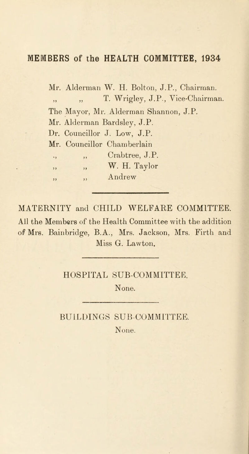 MEMBERS of the HEALTH COMMITTEE, 1934 Mr. Alderman W. H. Bolton, J.P., Chairman. ,, ,, T. Wrigley, J.P., Vice-Chairman. The Mayor, Mr. Alderman Shannon, J.P. Mr. Alderman Bardsley, J.P. Dr. Councillor J. Low, J.P. Mr. Councillor Chamberlain ., ,, Crabtree, J.P. ,, ,, W. H. Taylor ,, ,, Andrew MATERNITY and CHILD WELFARE COMMITTEE. All the Members of the Health Committee with the addition of Mrs. Bainbridge, B.A., Mrs. Jackson, Mrs. Firth and M iss G. Lawton. HOSPITAL SUB COMMITTEE. None. BUILDINGS SUB-COMMITTEE. None.