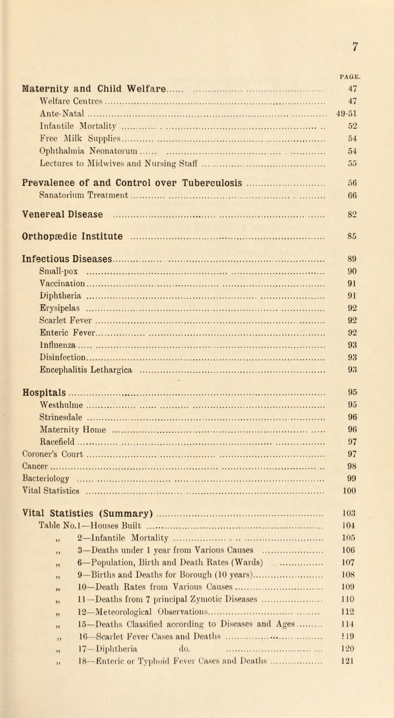 PAGE. Maternity and Child Welfare. 47 Welfare Centres. 47 Ante-Natal . 49-51 Infantile Mortality . 52 Free Milk Supplies. 54 Ophthalmia Neonatorum. . 54 Lectures to Midwives and Nursing Staff . 55 Prevalence of and Control over Tuberculosis . 56 Sanatorium Treatment. 66 Venereal Disease . 82 Orthopaedic Institute . 85 Infectious Diseases. 89 Small-pox . 90 Vaccination. 91 Diphtheria . 91 Erysipelas . 92 Scarlet Fever. 92 Enteric Fever. 92 Influenza. 93 Disinfection. 93 Encephalitis Lethargica . 93 Hospitals. 95 Westhulme. 95 Strinesdale . 96 Maternity Home . 96 Racefield. 97 Coroner’s Court. 97 Cancer. 98 Bacteriology . 99 Vital Statistics . 100 Vital Statistics (Summary). 103 Table No.l—Houses Built . 104 „ 2—Infantile Mortality . 105 „ 3—Deaths under 1 year from Various Causes . 106 „ 6—Population, Birth and Death Rates (Wards) . 107 „ 9—Births and Deaths for Borough (10 years). 108 „ 10—Death Rates from Various Causes. 109 „ 11—Deaths from 7 principal Zymotic Diseases . 110 „ 12—Meteorological Observations. 112 „ 15—Deaths Classified according to Diseases and Ages. 114 ,, 16—Scarlet Fever Cases and Deaths . 119 „ 17—Diphtheria do. 120 „ 18—Enteric or Typhoid Fever Cases and Deaths. 121