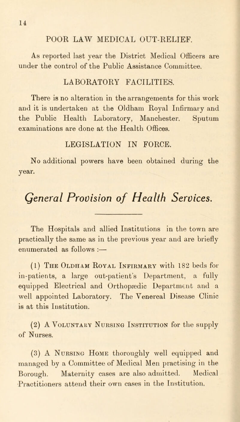 POOR LAW MEDICAL OUT-RELIEF. As reported last year the District Medical Officers are under the control of the Public Assistance Committee. LABORATORY FACILITIES. There is no alteration in the arrangements for this work and it is undertaken at the Oldham Royal Infirmary and the Public Health Laboratory, Manchester. Sputum examinations are done at the Health Offices. LEGISLATION IN FORCE. No additional powers have been obtained during the year. Qeneral Provision of Health Services. The Hospitals and allied Institutions in the town are practically the same as in the previous year and are briefly enumerated as follows :— (1) The Oldham Royal Infirmary with 182 beds for in-patients, a large out-patient’s Department, a fully equipped Electrical and Orthopaedic Department and a well appointed Laboratory. The Venereal Disease Clinic is at this Institution. (2) A Voluntary Nursing Institution for the supply of Nurses. (3) A Nursing Home thoroughly well equipped and managed by a Committee of Medical Men practising in the Borough. Maternity cases are also admitted. Medical Practitioners attend their own cases in the Institution.