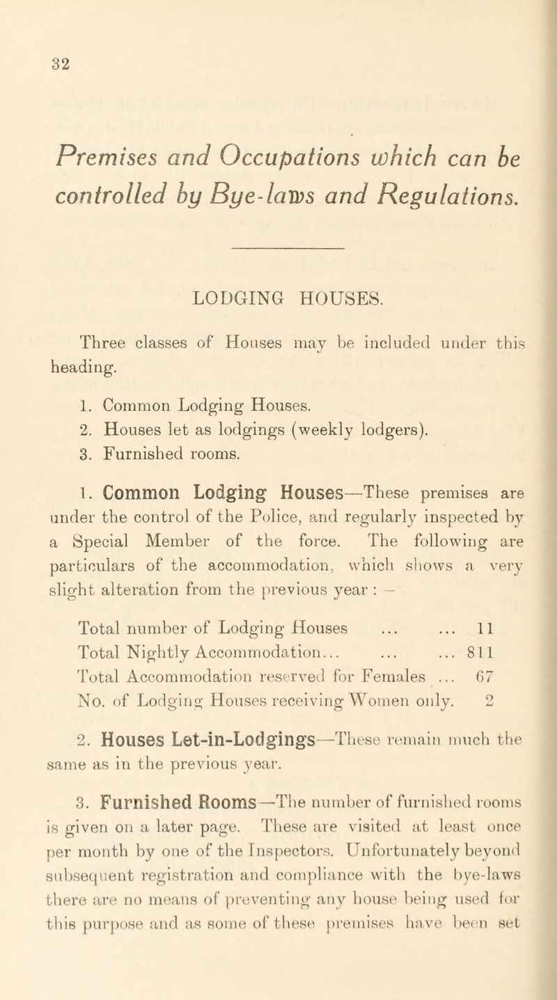 Premises and Occupations which can be controlled by Bye-laws and Regulations. LODGING HOUSES. Three classes of Houses may be included under this heading. 1. Common Lodging Houses. 2. Houses let as lodgings (weekly lodgers). 3. Furnished rooms. 1. Common Lodging Houses—These premises are under the control of the Police, and regularly inspected by a Special Member of the force. The following are particulars of the accommodation, which shows a very slight alteration from the previous year : — Total number of Lodging Houses ... ... 11 Total Nightly Accommodation... ... ... 811 Total Accommodation reserved for Females ... 67 No. of Lodging Houses receiving Women only. 2 2. Houses Let-in-LodgingS—These remain much the same as in the previous year. 3. Furnished Rooms—The number of furnished rooms is given on a later page. These are visited at least once per month by one of the Inspectors. Unfortunately beyond subsequent registration and compliance with the byedaws there are no means of preventing any house being used for this purpose and as some of these premises have been set