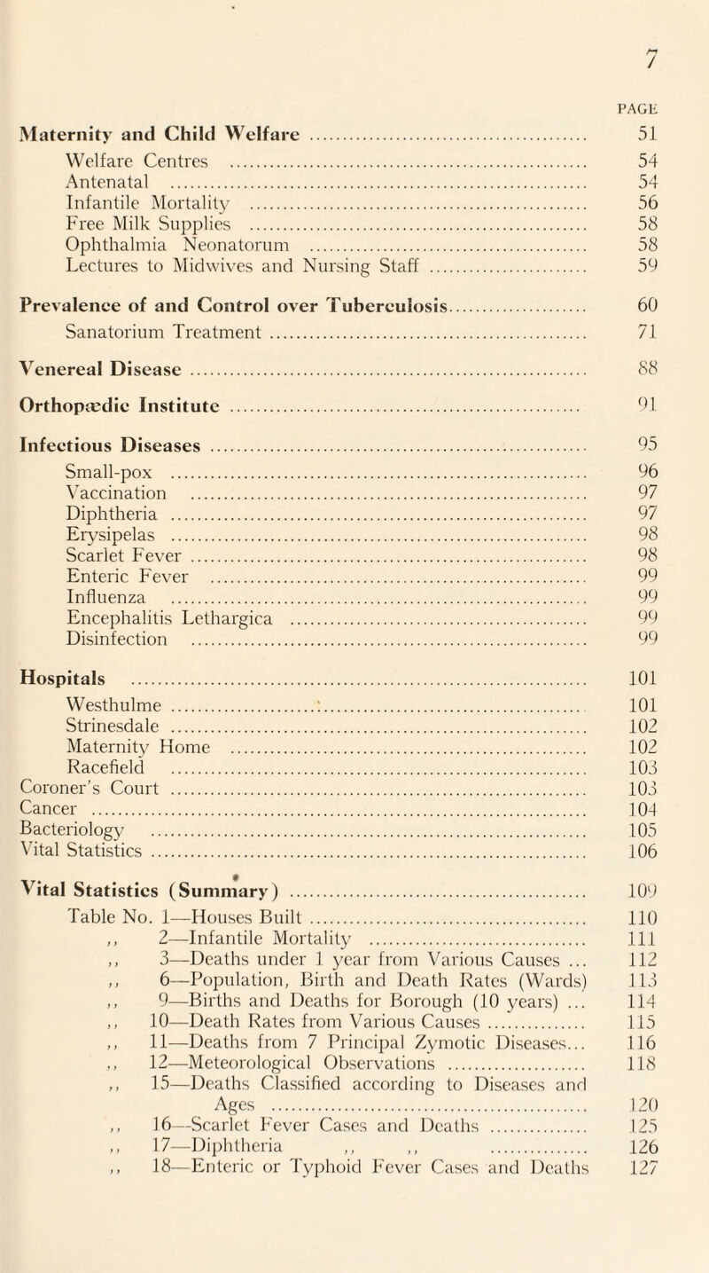 / PAGE Maternity and Child Welfare . 51 Welfare Centres . 54 Antenatal . 54 Infantile Mortality . 56 Free Milk Supplies . 58 Ophthalmia Neonatorum . 58 Lectures to Midwives and Nursing Staff . 59 Prevalence of and Control over Tuberculosis. 60 Sanatorium Treatment . 71 Venereal Disease . 88 Orthopaedic Institute . 91 Infectious Diseases . 95 Small-pox . 96 Vaccination . 97 Diphtheria . 97 Erysipelas . 98 Scarlet Fever . 98 Enteric Fever . 99 Influenza . 99 Encephalitis Lethargica . 99 Disinfection . 99 Hospitals . 101 Westhulme . 101 Strinesdale . 102 Maternity Home . 102 Racefield . 108 Coroner’s Court . 108 Cancer . 104 Bacteriology . 105 Vital Statistics . 106 Vital Statistics (Summary) . 109 Table No. 1—Houses Built . 110 ,, 2—Infantile Mortality . Ill ,, 3—Deaths under 1 year from Various Causes ... 112 ,, 6—Population, Birth and Death Rates (Wards) 118 ,, 9—Births and Deaths for Borough (10 years) ... 114 ,, 10—Death Rates from Various Causes. 115 ,, 11—Deaths from 7 Principal Zymotic Diseases... 116 ,, 12—Meteorological Observations . 118 ,, 15—Deaths Classified according to Diseases and Ages . 120 ,, 16—Scarlet Fever Cases and Deaths . 125 ,, 17—Diphtheria ,, ,, . 126 ,, 18—Enteric or Typhoid Fever Cases and Deaths 127