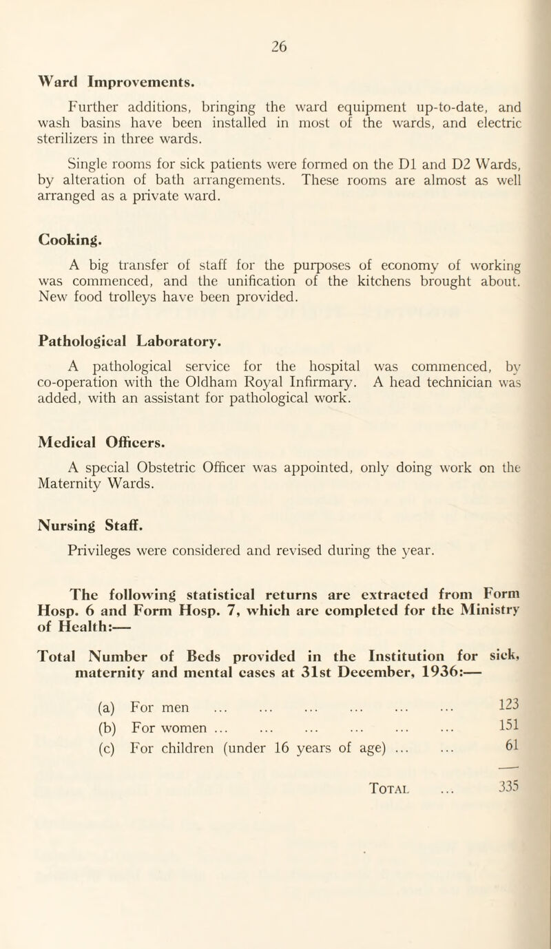 Ward Improvements. Further additions, bringing the ward equipment up-to-date, and wash basins have been installed in most of the wards, and electric sterilizers in three wards. Single rooms for sick patients were formed on the D1 and D2 Wards, by alteration of bath arrangements. These rooms are almost as well arranged as a private ward. Cooking. A big transfer of staff for the purposes of economy of working was commenced, and the unification of the kitchens brought about. New food trolleys have been provided. Pathological Laboratory. A pathological service for the hospital was commenced, by co-operation with the Oldham Royal Infirmary. A head technician was added, with an assistant for pathological work. Medical Officers. A special Obstetric Officer was appointed, only doing work on the Maternity Wards. Nursing Staff. Privileges were considered and revised during the year. The following statistical returns are extracted from Form Hosp. 6 and Form Hosp. 7, which are completed for the Ministry of Health:— Total Number of Beds provided in the Institution for sick, maternity and mental cases at 31st December, 1936:— (a) For men ... ... ... ... ... ... 123 (b) For women ... ... ... ... ... ... 151 (c) For children (under 16 years of age) ... ... 61 Total 335